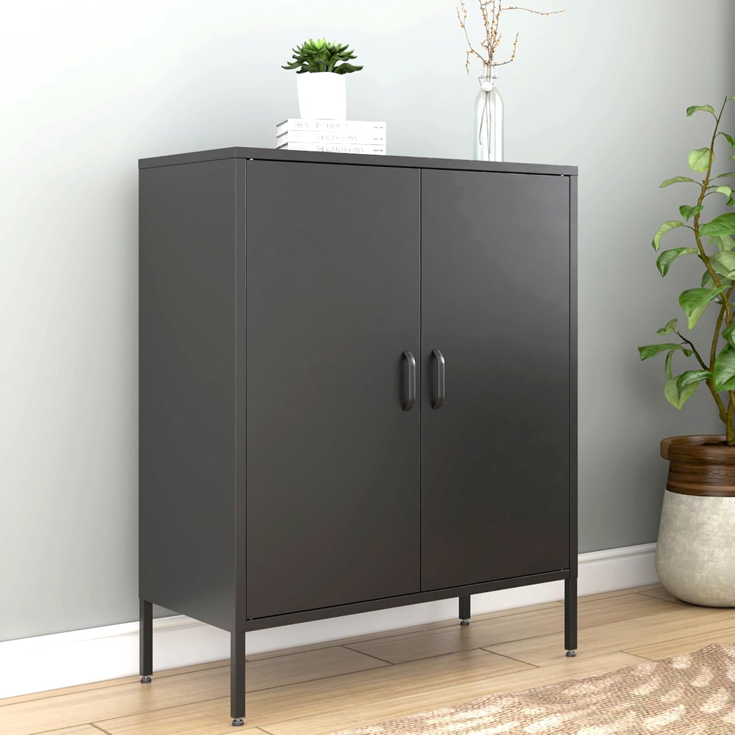 Bevivog Metal Locker Storage Cabinet, Home Office Metal Storage Cabinet Small Sideboard with 2 Doors and 2 Adjustable Shelves,40' Counter Cabinets for Office Garage Bathroom Living Room Hallway