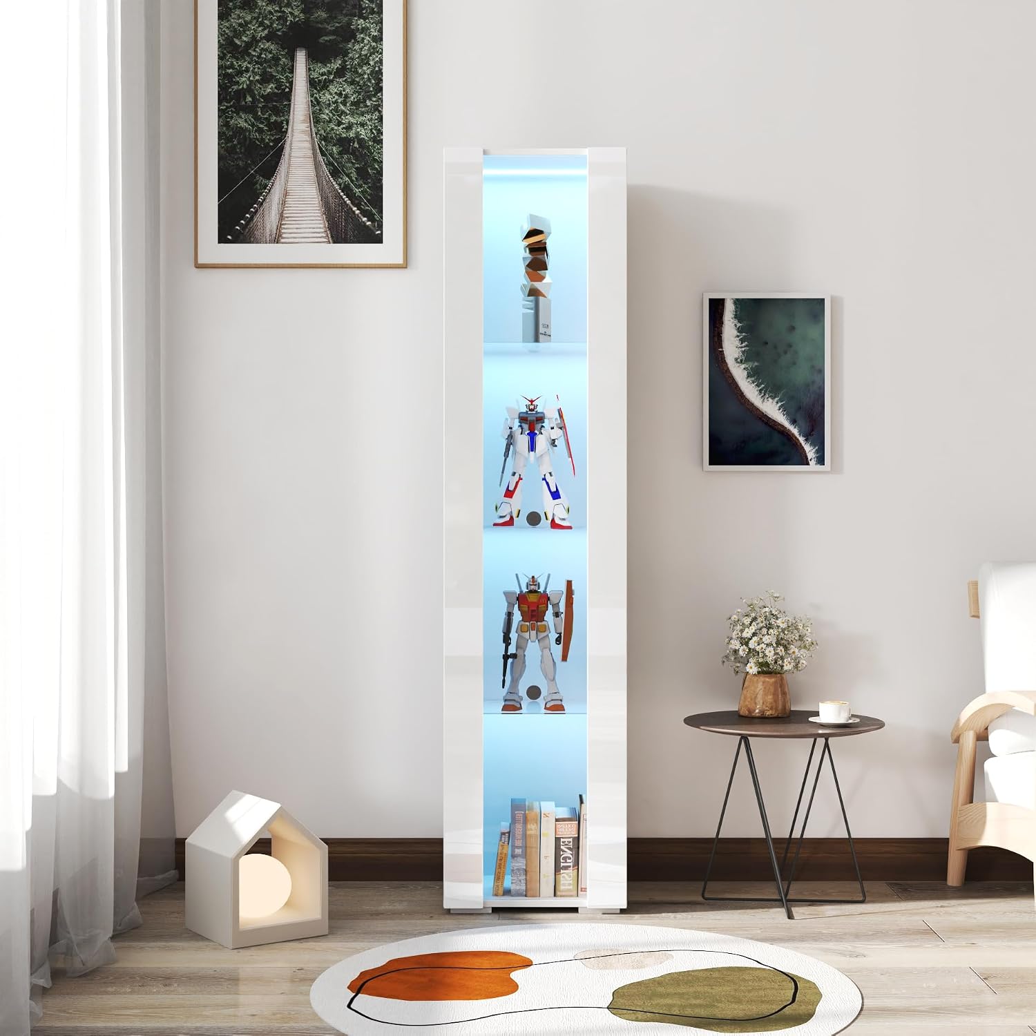 67' LED Display Cabinet with 4 Glass Shelves & 1 Door, Modern Curio Cabinet Collection Display Case Storage Cabinet, High Gloss Floor Standing Bookshelf for Living Room Bedroom Office (White)