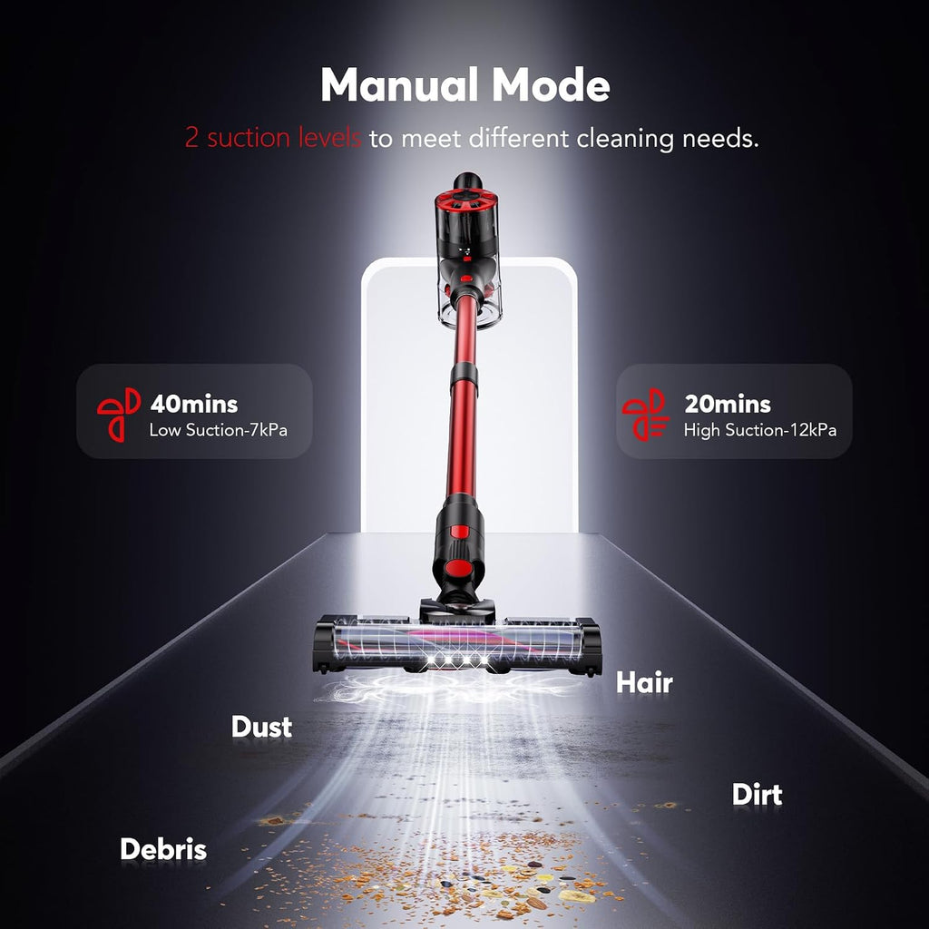 Comvtu Cordless Vacuum Cleaner Rechargeable with 2600mAh Detachable Battery, Powerful Vacuums with 2 Adjustable Modes, Lightweight Portable Stick Vacuum for Home (Afterglow Red)