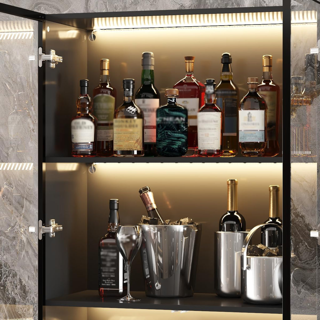 Curio Display Cabinet with Light, 5-Tier Storage Shelves with Pop-up Glass Doors & 3 Color LED Light, Collectibles Cabinet Display Shelf, Bookshelf Showcase for Living Room, Black Glass Door