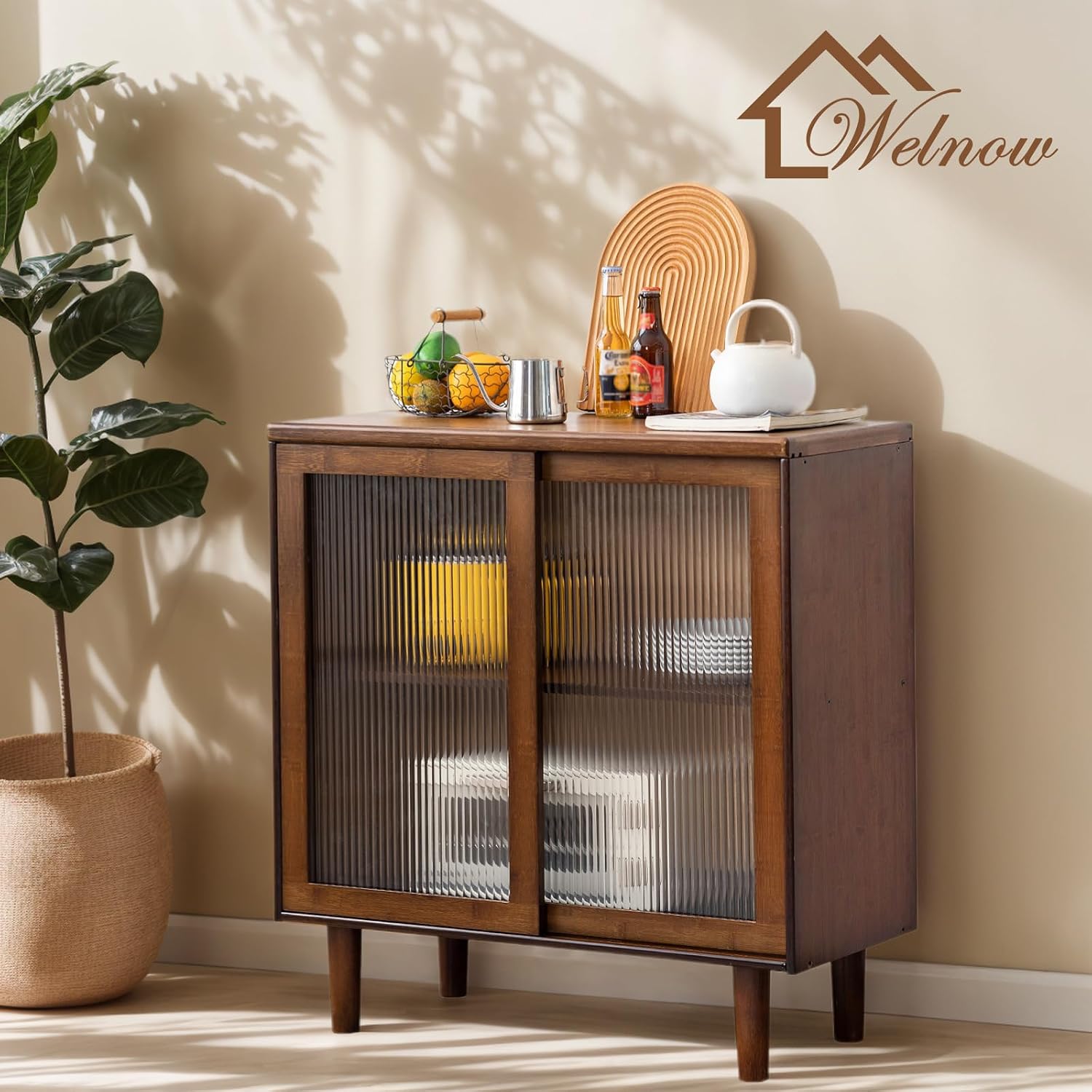 Welnow Buffet Cabinet, Bamboo Sideboard with Storage Kitchen Display Cabinet with 2-Tier Shelves Boho Coffee Bar Tables for Kitchen, Living Room, Entryway, Office, Walnut