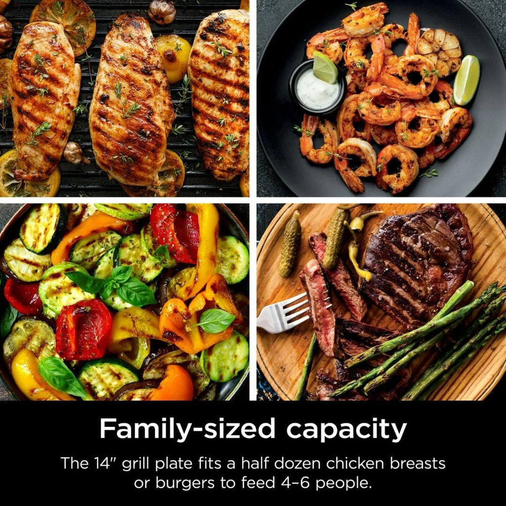 Ninja Sizzle GR100 Smokeless Indoor Grill, 500°F High Heat Kitchen Grill with Nonstick 14-Inch Plate, Low-Smoke Technology, Edge-to-Edge Heating, Family-Sized Capacity, Countertop Cooking Tool