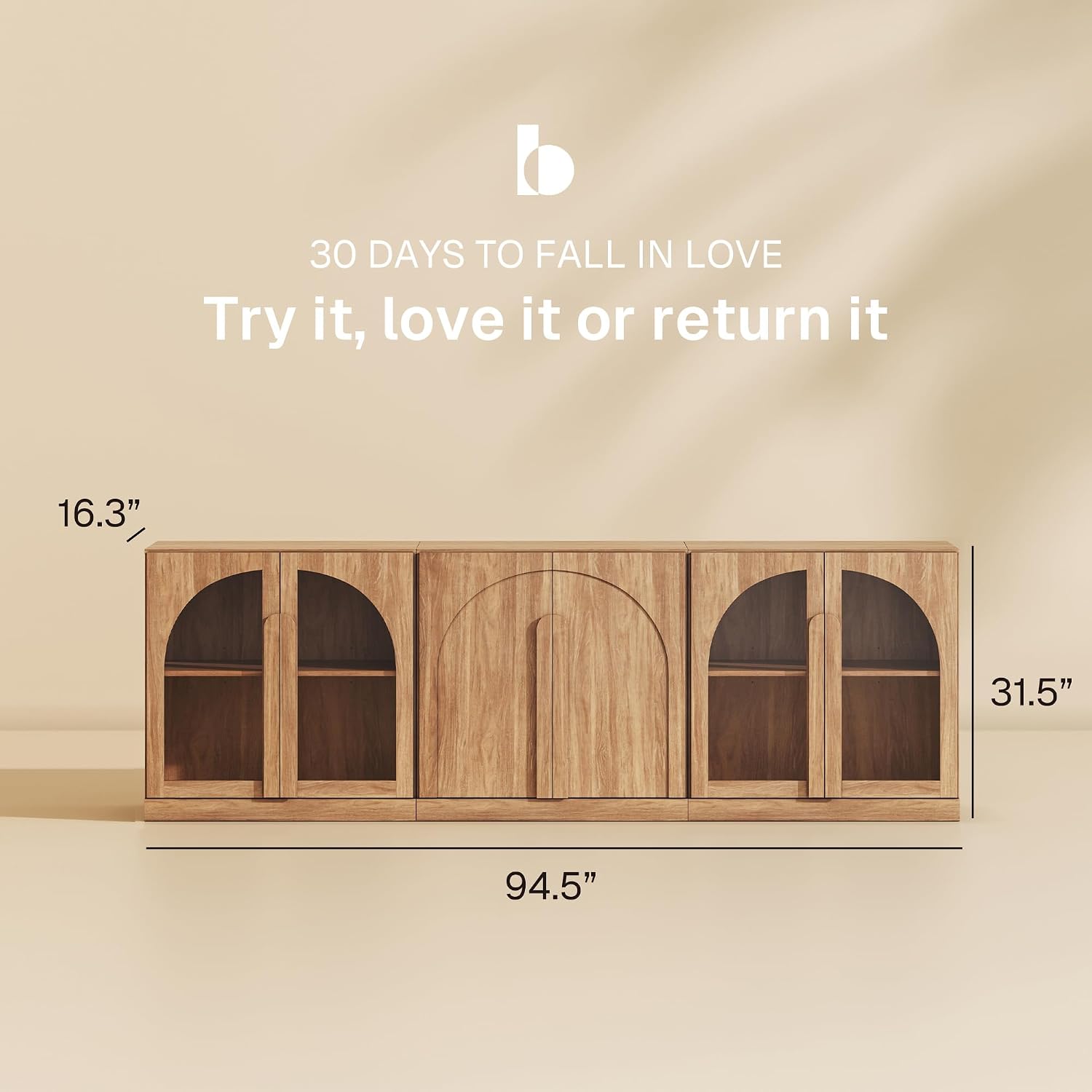 BELLEZE Modular Cabinet 3-Piece Set Sideboard, Modern Wood Buffet Arched Cabinet and 2 Display Glass Door Storage, Freely Configurable Credenza Console for Living Room Kitchen, Camel