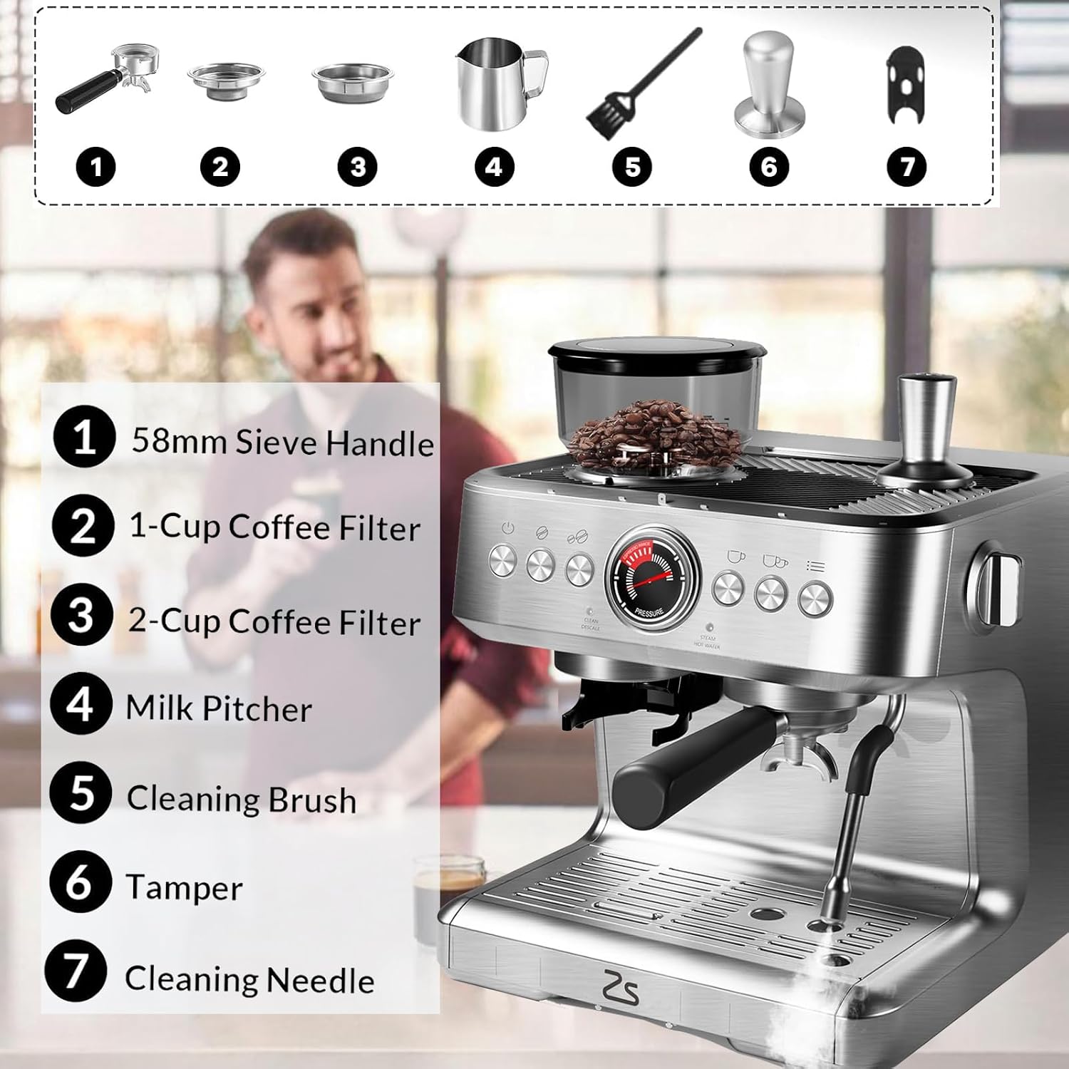 GlowSol Espresso Machine with Bean Grinder, Semi Automatic Espresso Machine, 20-Bar Espresso Maker with Milk Frother Steam Wand 2.8L Water Tank, Home Espresso Coffee Maker for Latte, Cappuccino