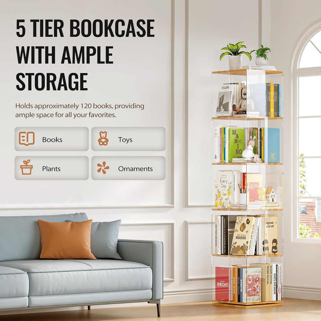 TAKEKIT 5-Tier Rotating Bookshelf, 360° Spinning Book Shelf Tower with Solid Wood & Clear Acrylic, Square Revolving Bookcase for Kids Room, Living Room, Bedroom and Office