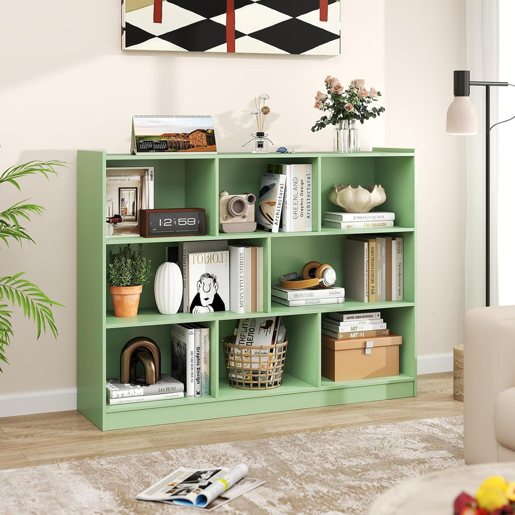 Giantex 8 Cube Bookcase, Freestanding 3-Tier Open Bookshelf, Modern Storage Display Cabinet, Wood Cube Storage Organizer for Living Room, Kid's Room, Mint Green