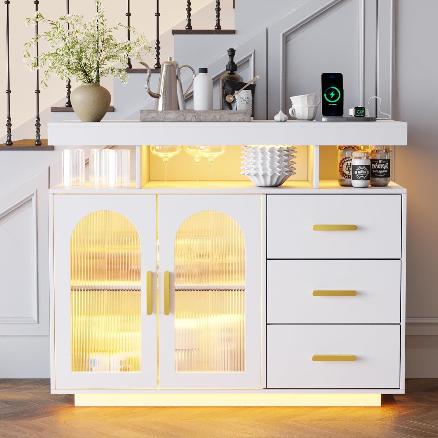 HNEBC LED Sideboard Buffet with Charging Station, Smart Bar Cabinet with Auto RGB Lighted, Coffee Bar with 3 Drawers/Adjustable Shelf for Living Room, Dining Room,Home Storage (White)
