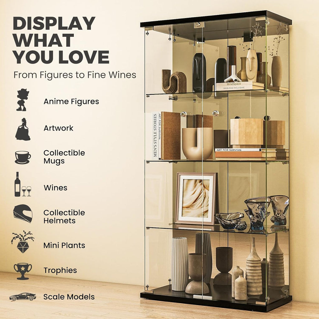 Mirrored Glass Display Cabinet with Lock, 4-Shelf Tempered Glass Curio Cabinet with 2 Doors, Collectible Display Showcase for Living Room, Bedroom – Black