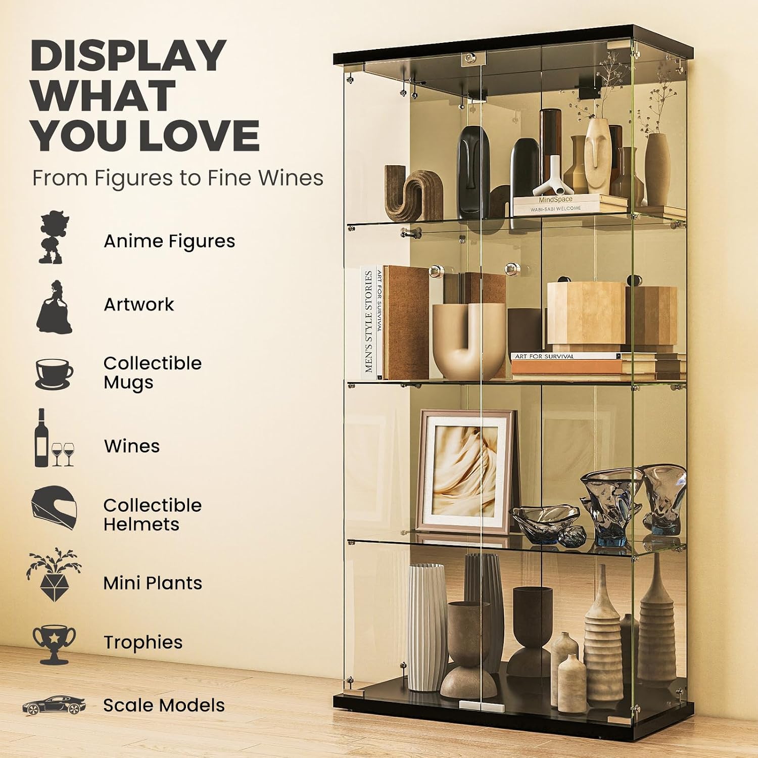 Mirrored Glass Display Cabinet with Lock, 4-Shelf Tempered Glass Curio Cabinet with 2 Doors, Collectible Display Showcase for Living Room, Bedroom – Black