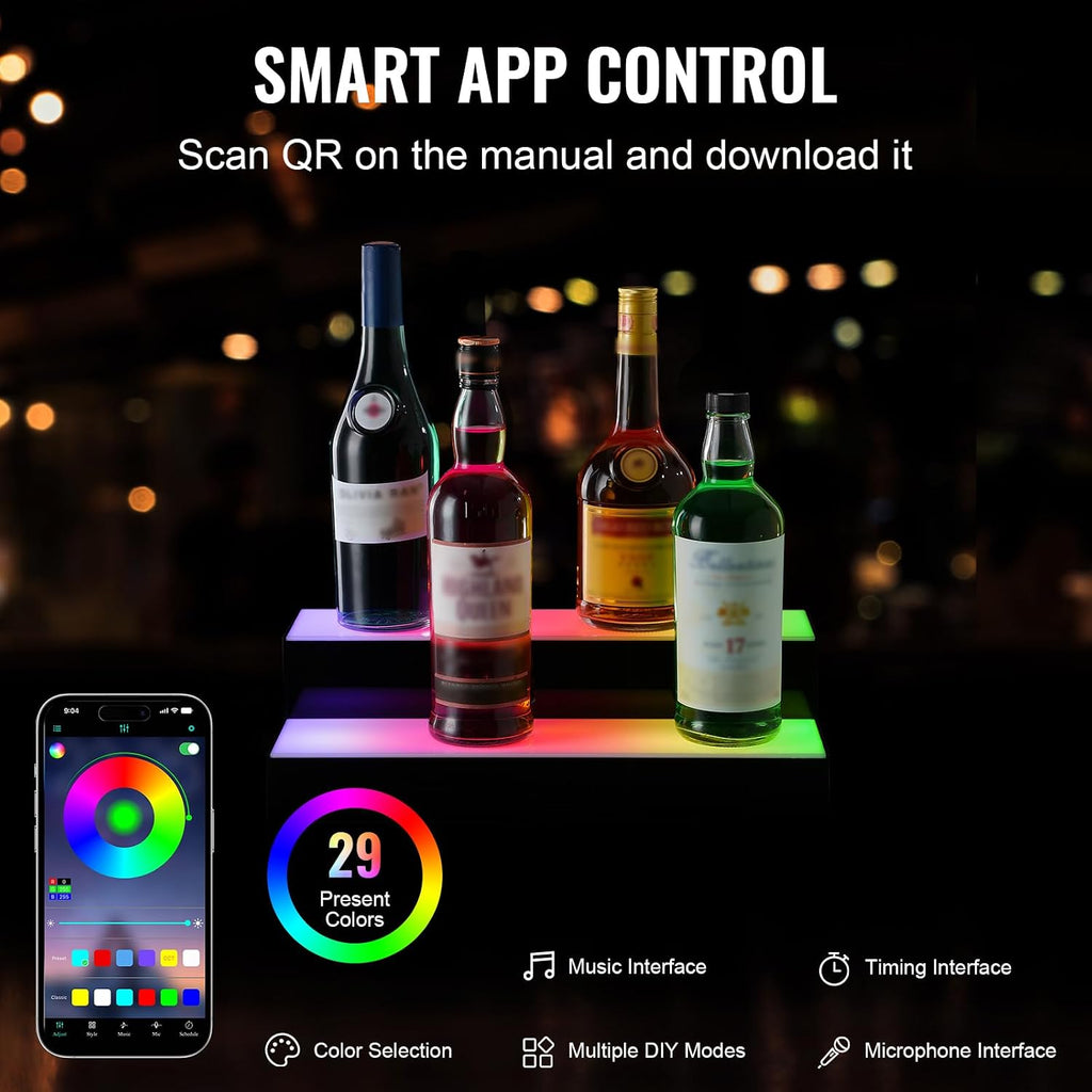 VEVOR LED Lighted Liquor Bottle Display, 2 Tiers 16 Inch Commercial Illuminated Home Bar Shelf, 2 Steps Whiskey Rack Stand, Acrylic Drink Shelves with RF Remote & App Control, and Multicolor Light