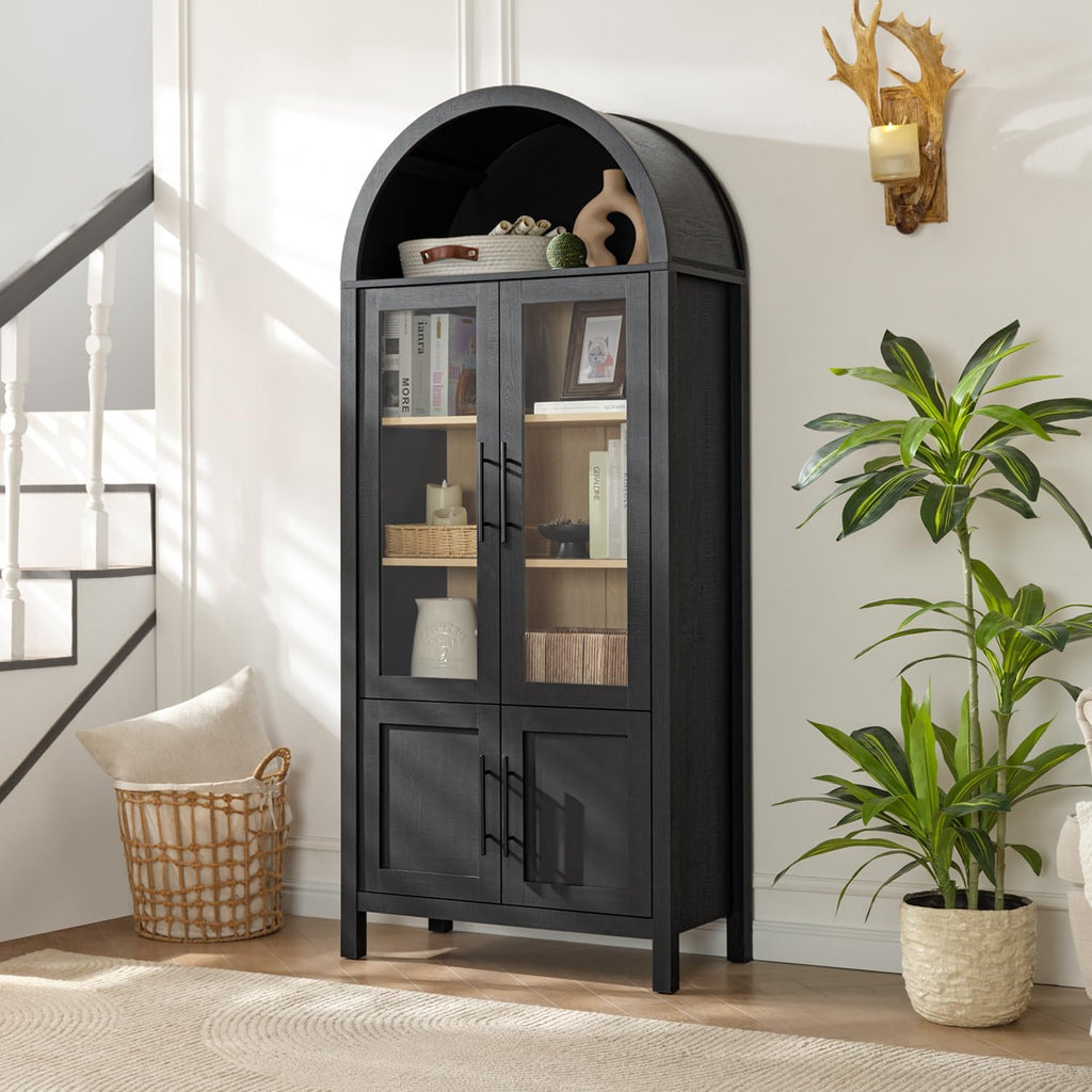 71' Tall Arched Display Cabinet, 5-Tier Bookshelf Modern Farmhouse Arched Bookcase with Glass Doors and Shelves, Wooden Pantry Storage Cabinet for Living Room, Office and Kitchen, Black
