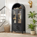 71' Tall Arched Display Cabinet, 5-Tier Bookshelf Modern Farmhouse Arched Bookcase with Glass Doors and Shelves, Wooden Pantry Storage Cabinet for Living Room, Office and Kitchen, Black
