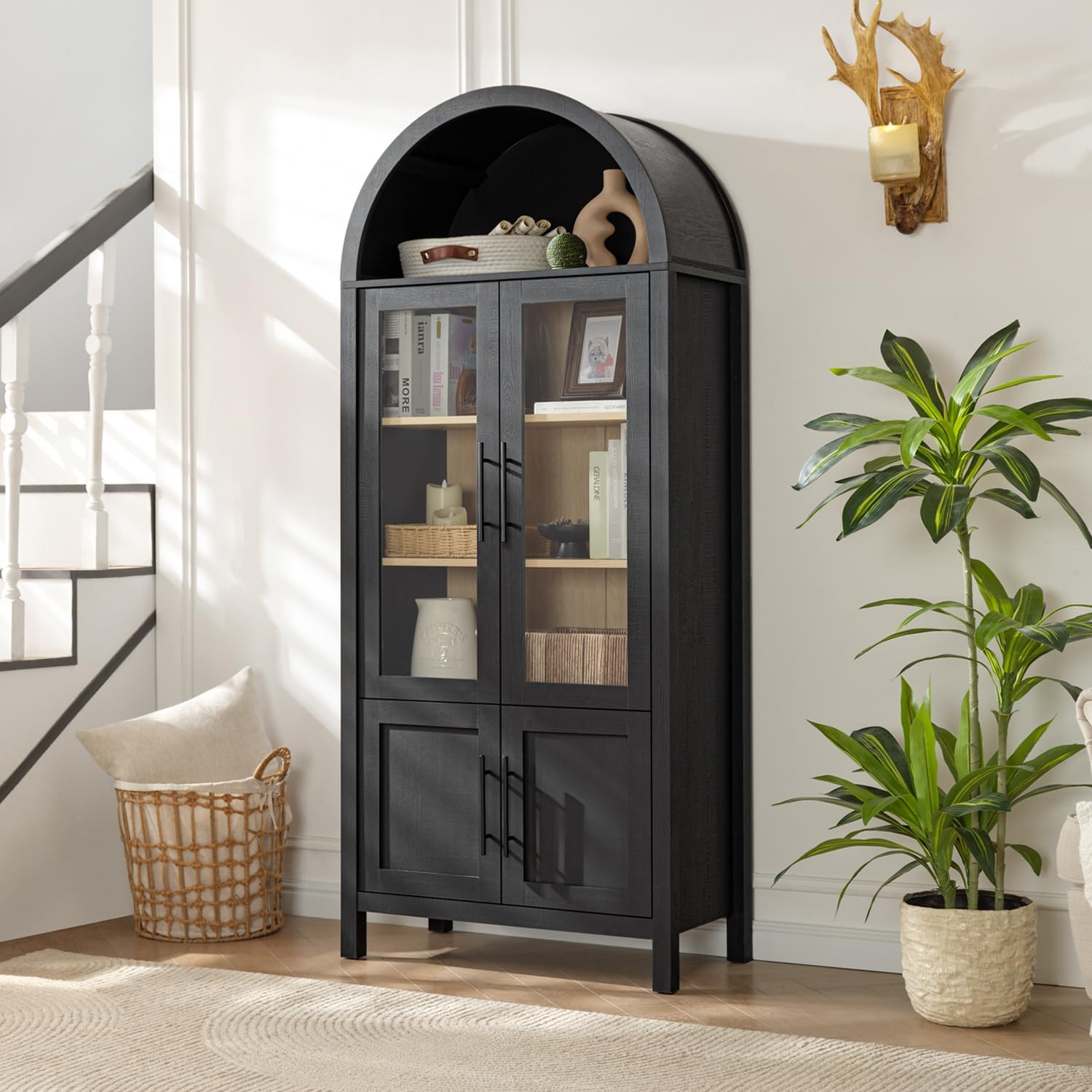 71' Tall Arched Display Cabinet, 5-Tier Bookshelf Modern Farmhouse Arched Bookcase with Glass Doors and Shelves, Wooden Pantry Storage Cabinet for Living Room, Office and Kitchen, Black