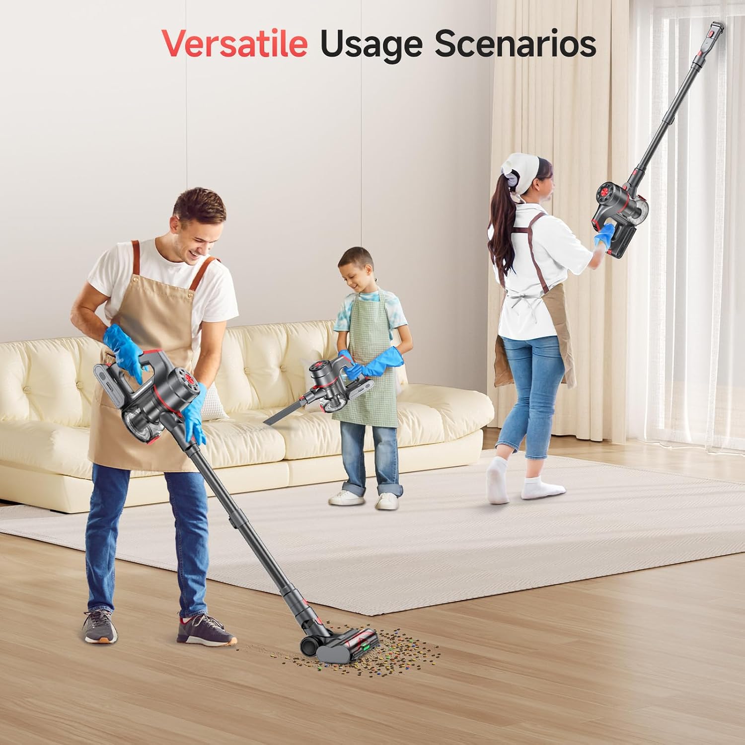 Cordless Vacuum Cleaner, 580W 60KPA Dual Motor Stick Vacuum for Home with 70mins Runtime, 6 LED Green Headlights, Self-Standing Design, V-Shaped Floor Brush for Carpet Tile Pet Hair Hardwood Floors