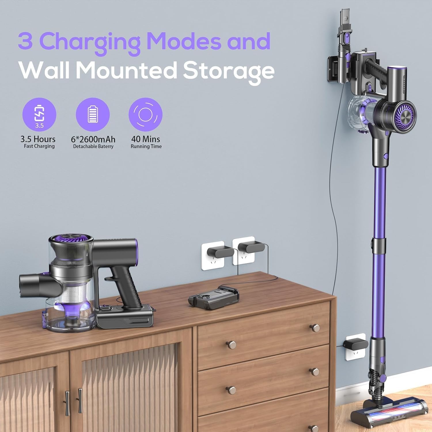 MBTTODF Cordless Vacuum Cleaner,Self-Standing Vacuum Cleaners for Home,Powerful Suction Stick Vacuum Cordless Rechargeable with LED Touch Screen Lightweight Vacuum for Pet Hair Carpet