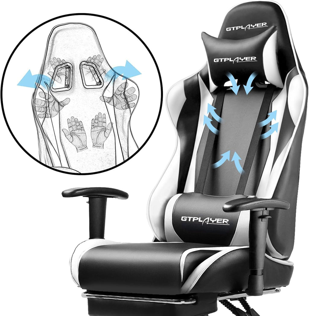 GTPLAYER Gaming Chair with Footrest, Ergonomic Computer Game Desk Chair, Reclining Gamer Chair Seat Height Adjustment, Swivel Rocker with Headrest and Lumbar (White)