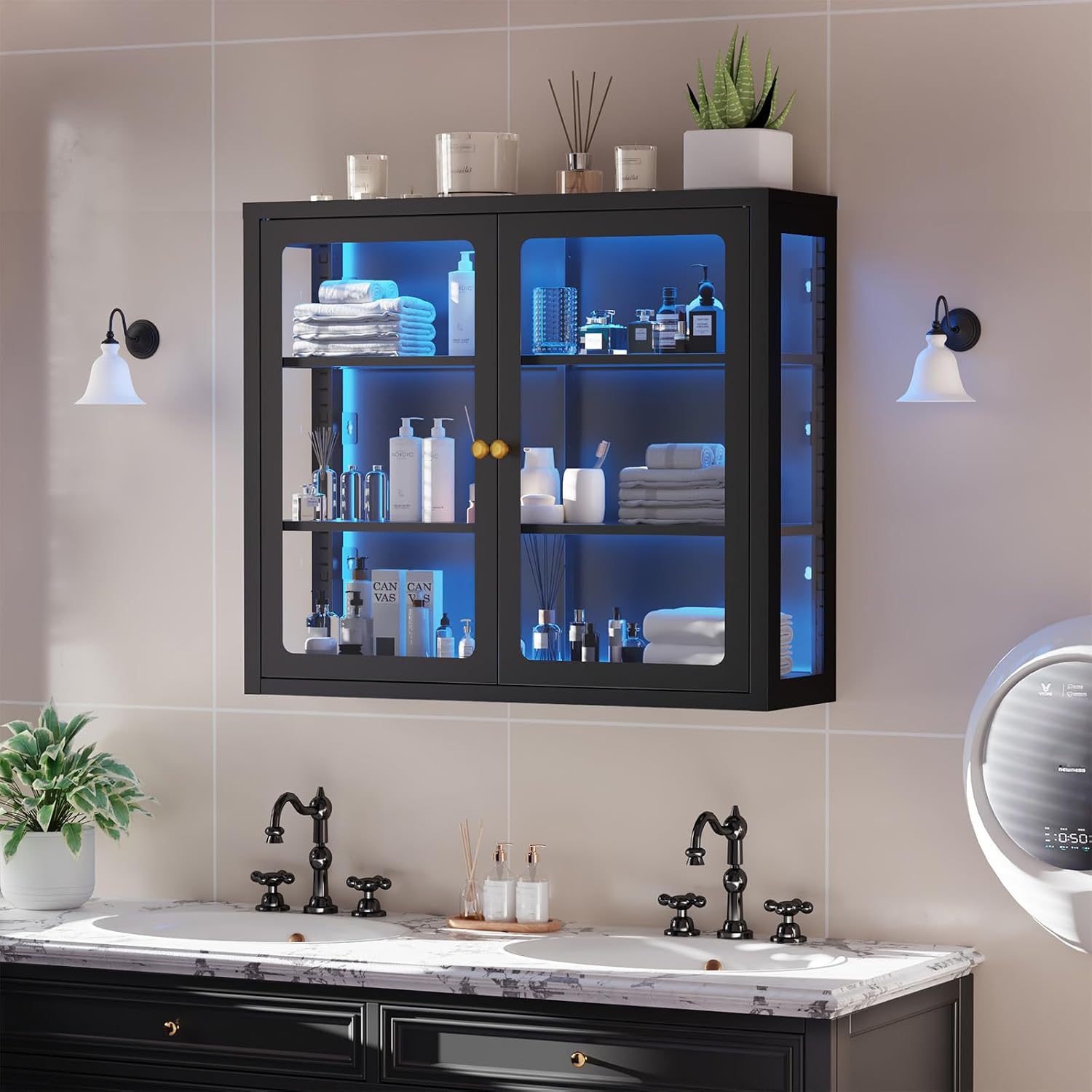 Bathroom Wall Cabinet with 13-Color Light, Wall Mounted 3-Sided Glass Display Cabinet with Adjustable Shelves, Floating Metal Medicine Storage Cabinet for Kitchen Living Room, Black
