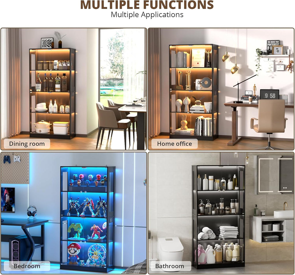 VOWNER 65'' Display Cabinet with Glass Door, 4-Tier Curio Cabinet for Collectibles Trophy, Glass Display Case with Human Body Sensor, 3 Color Lights, Bookcase Storage Cabinets for Living Room, Study