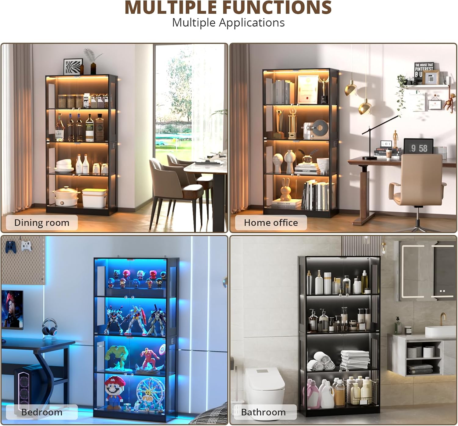 VOWNER 65'' Display Cabinet with Glass Door, 4-Tier Curio Cabinet for Collectibles Trophy, Glass Display Case with Human Body Sensor, 3 Color Lights, Bookcase Storage Cabinets for Living Room, Study