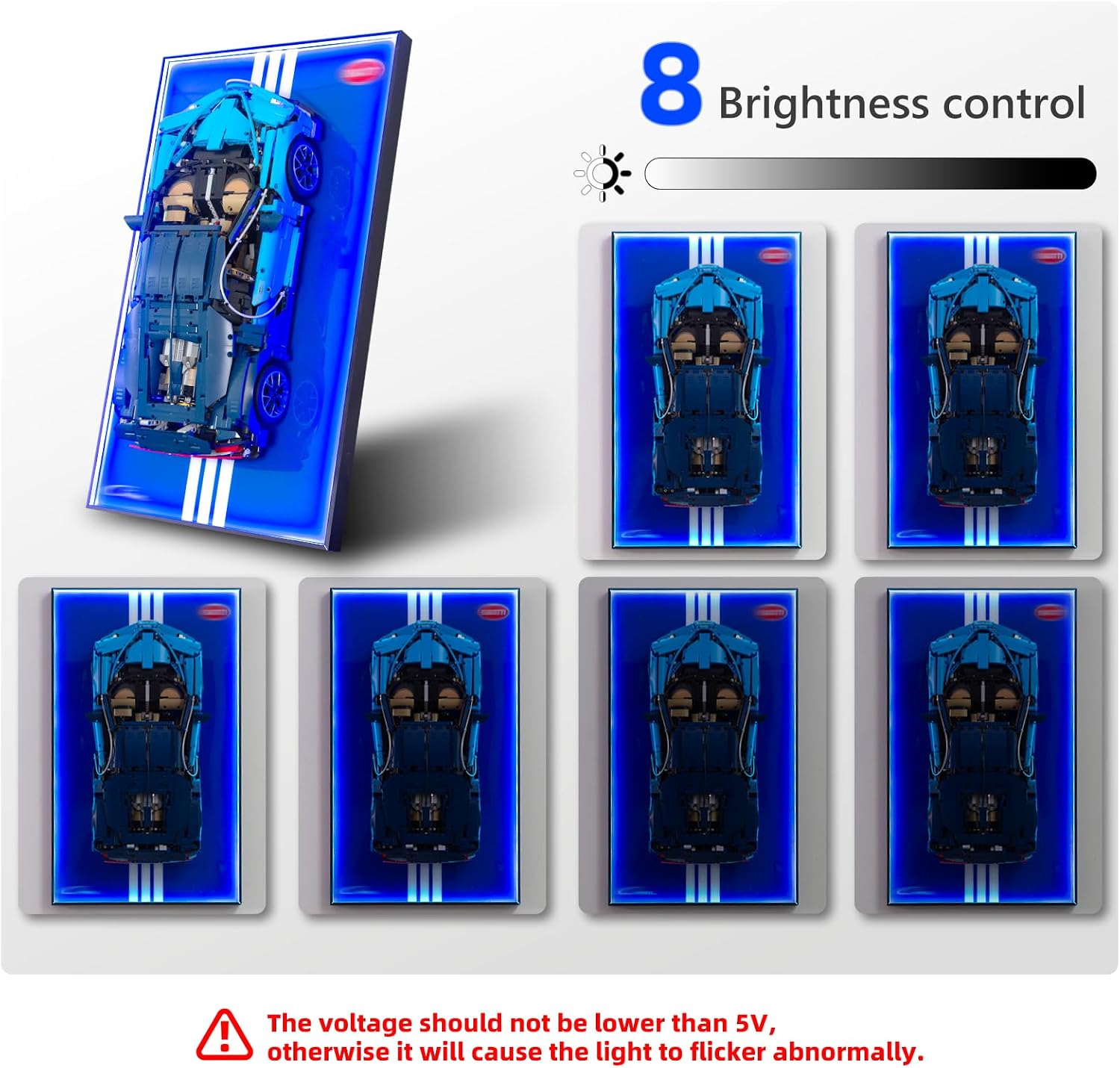 Display Wallboard with RGB LED Lights Compatible with Lego Technic Bugatti Chiron 42083 Race Car Building Kit and Engineering Toy - Adult Collectibles Wall Mount for Home or Office Décor