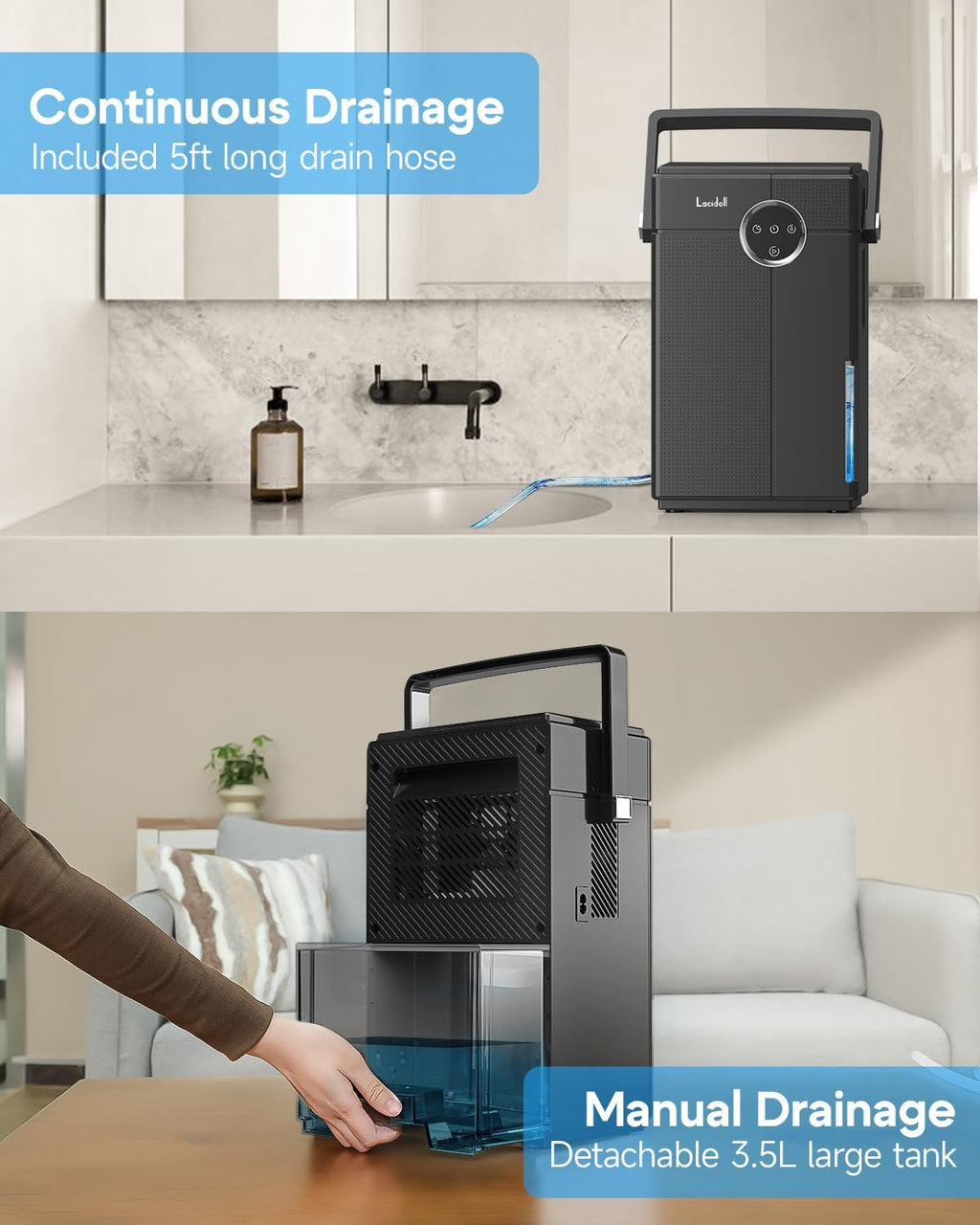 Lacidoll Small Dehumidifier with Drain Hose, Portable Dehumidifier for Bathroom, 118oz Dehumidifiers for Home 800 sq ft with 7 Colorful Light, Quiet Dehumidifiers for Bedroom RV Closet Basement, Black