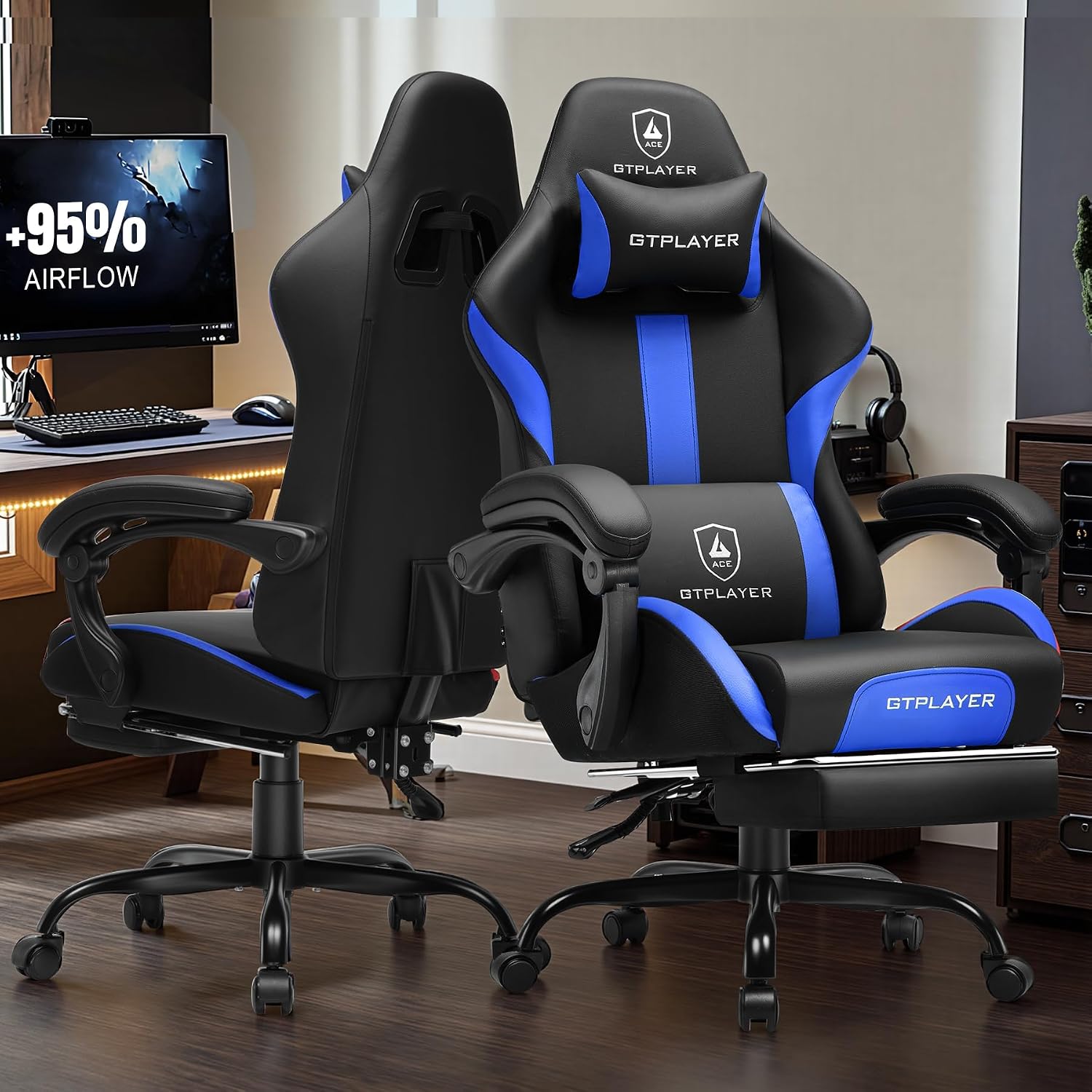 GTPLAYER Gaming Chair with Foot Rest & Pocket Spring Cushion, Ergonomic High Back Computer Chair with Headrest & 360°-Swivel Seat for Home Office Desk, PU Leather, Blue