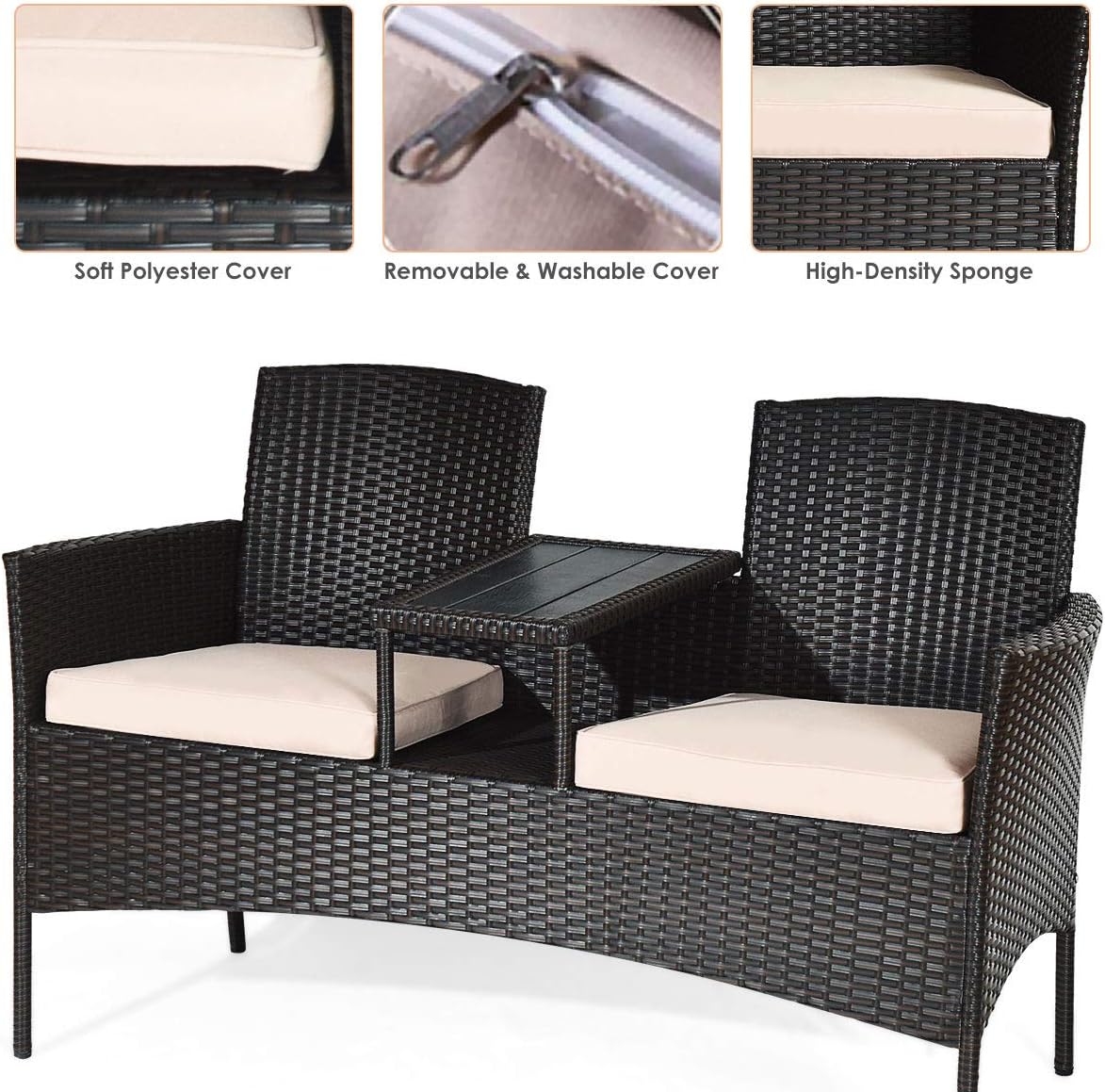 Tangkula Outdoor Rattan Loveseat with Built-in Coffee Table, 2-Person Patio Conversation Set with Cushions & Table, Modern Patented Wicker Sofa Set, Wicker Sofa for Garden Lawn Backyard, Beige