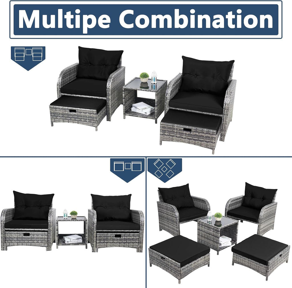5 Pieces PE Wicker Outdoor Chairs with Ottoman, 5 PCS Rattan Patio Furniture Chairs with Pull Out Ottoman & Side Table for Porch Balcony Sunroom, Black