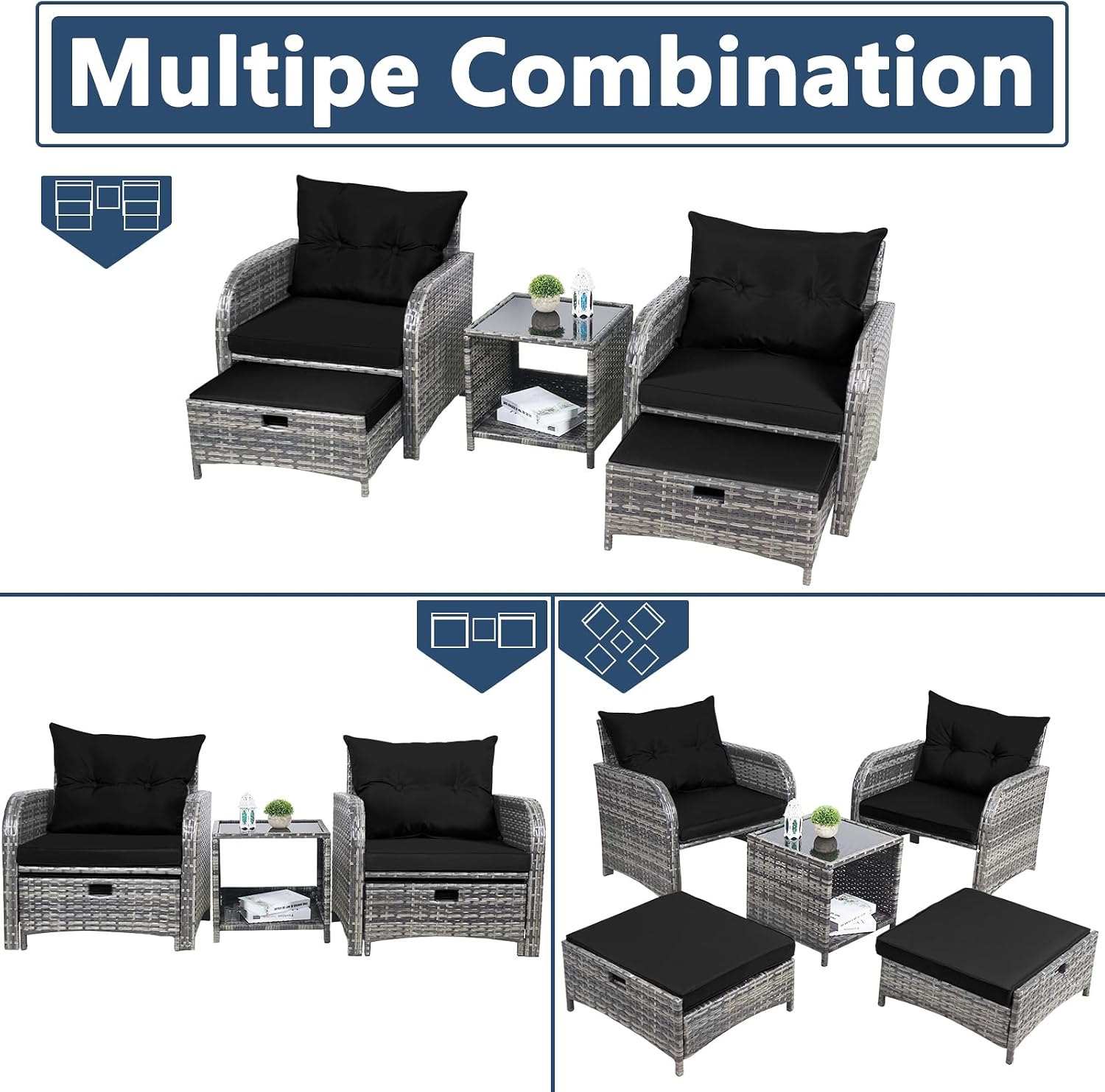 5 Pieces PE Wicker Outdoor Chairs with Ottoman, 5 PCS Rattan Patio Furniture Chairs with Pull Out Ottoman & Side Table for Porch Balcony Sunroom, Black