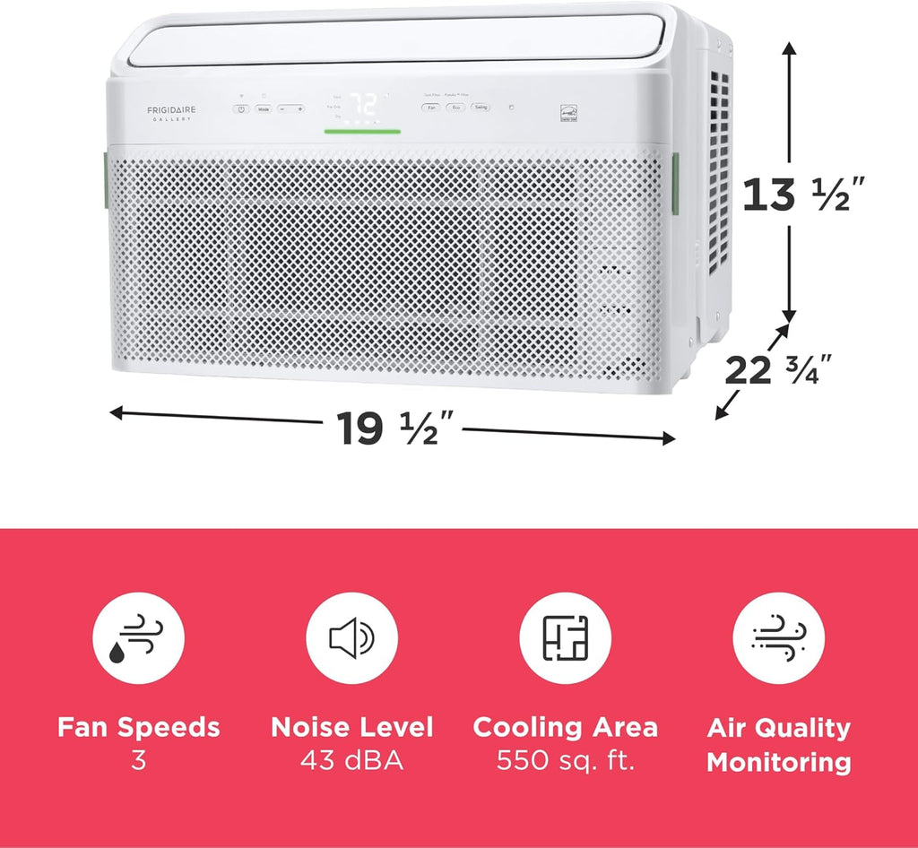 Frigidaire Gallery 12,000 BTU Smart Inverter Window Air Conditioner with Wi-Fi, Energy Star Most Efficient Certification & Indoor Air Quality Monitoring, Cools Up to 450 Sq. Ft., Ultra Quiet, White