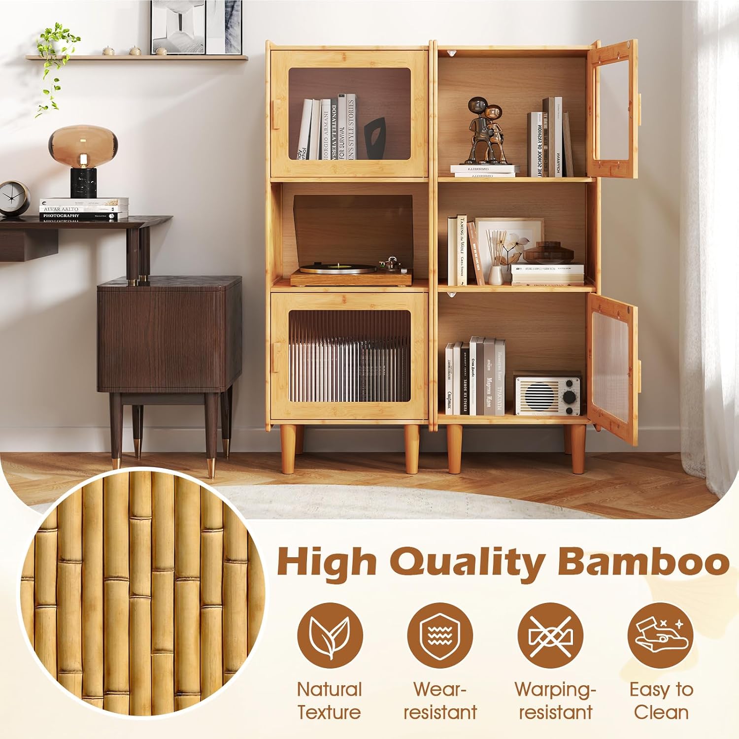 Giantex Set of 2 Bamboo Storage Cabinet, 3-Cube Bookcase, Freestanding Liquor Display Sideboard with 2 Single Doors, Corner Organizer for Living Room, Kitchen, Bathroom