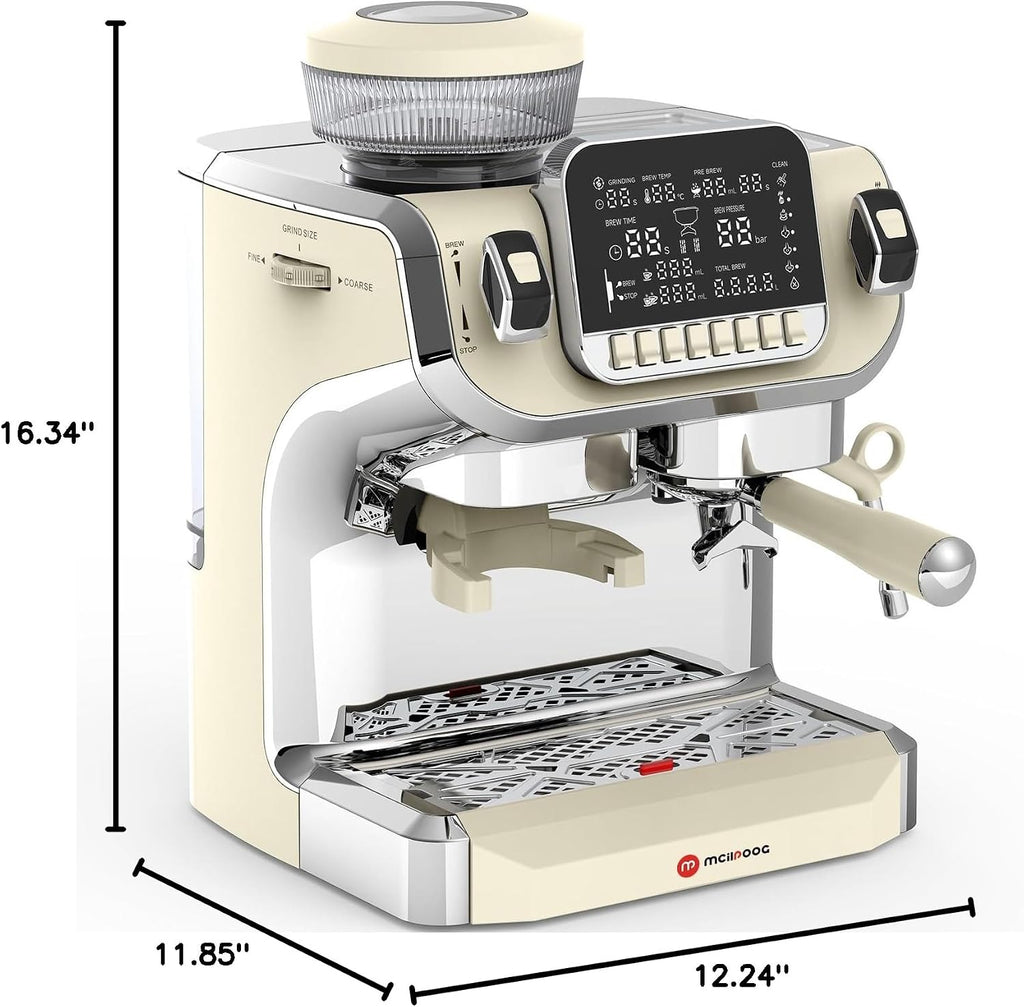 Mcilpoog TC520 Espresso Machine with Milk Frother，Semi Automatic Coffee Machine with Grinder,Easy To Use Espresso Coffee Maker with 6 inch Large Screen,15 Bar Pressure Pump,PID Temperature Control.