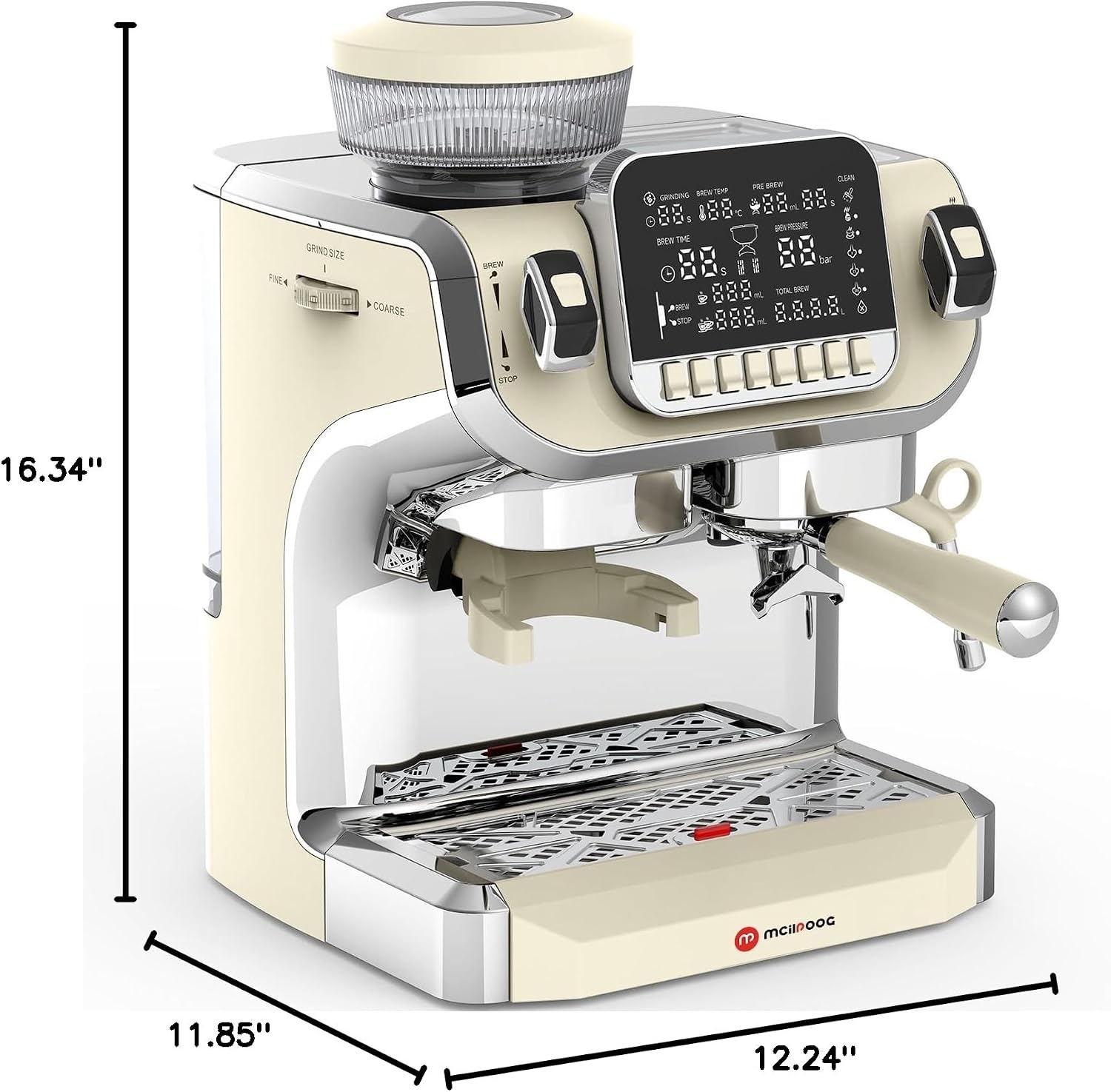 Mcilpoog TC520 Espresso Machine with Milk Frother，Semi Automatic Coffee Machine with Grinder,Easy To Use Espresso Coffee Maker with 6 inch Large Screen,15 Bar Pressure Pump,PID Temperature Control.