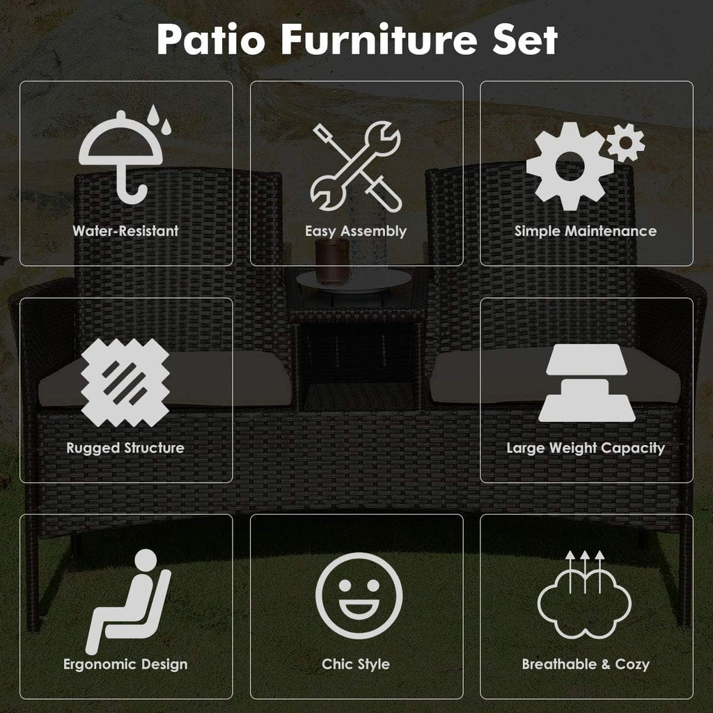 Tangkula Outdoor Rattan Loveseat with Built-in Coffee Table, 2-Person Patio Conversation Set with Cushions & Table, Modern Patented Wicker Sofa Set, Wicker Sofa for Garden Lawn Backyard, Beige