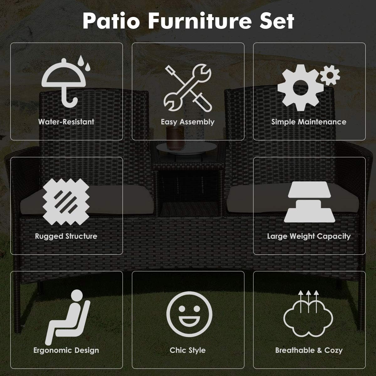 Tangkula Outdoor Rattan Loveseat with Built-in Coffee Table, 2-Person Patio Conversation Set with Cushions & Table, Modern Patented Wicker Sofa Set, Wicker Sofa for Garden Lawn Backyard, Beige