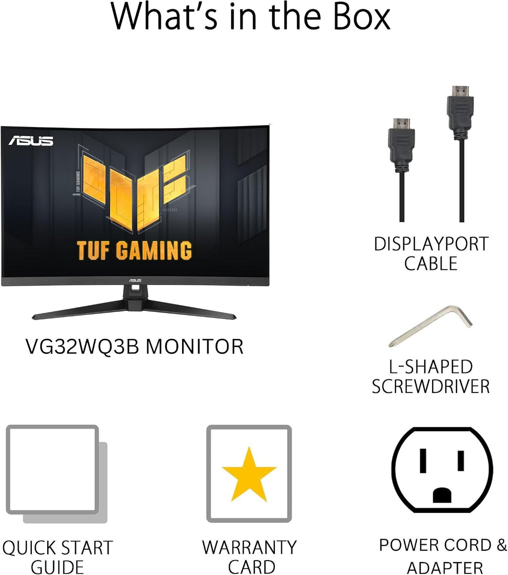 ASUS TUF Gaming 31.5' 1440P Curved HDR Gaming Monitor (VG32WQ3B) – QHD (2560 x 1440), 180Hz, 0.5ms, 1500R, Extreme Low Motion Blur, FreeSync, 90% DCI-P3, Shadow Boost, DisplayWidget, 3 yr Warranty