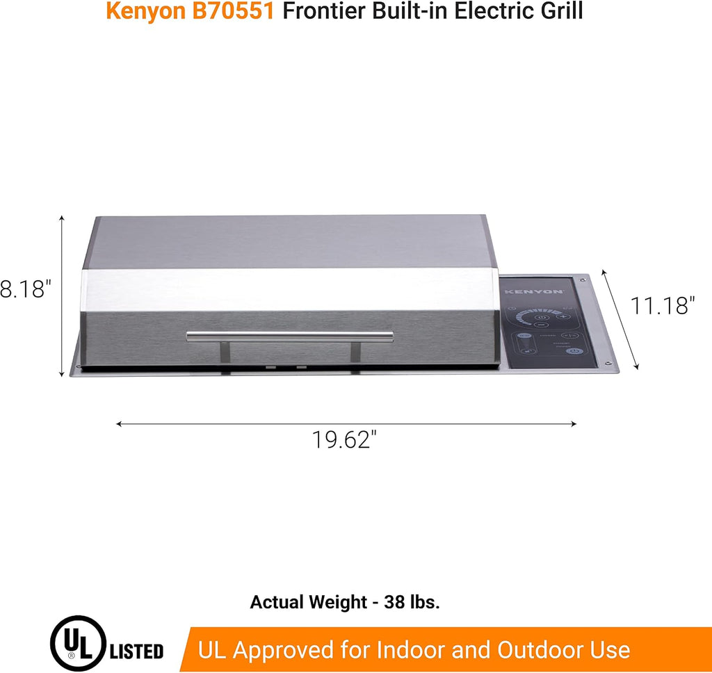 Kenyon Frontier Built-in Electric Grill, Single Burner With IntelliKEN Touch Control, Stainless Steel Body, Rust-Proof Grill, UL-Approved For Indoor And Outdoor Use, Dishwasher Safe Grate, 240 Volts