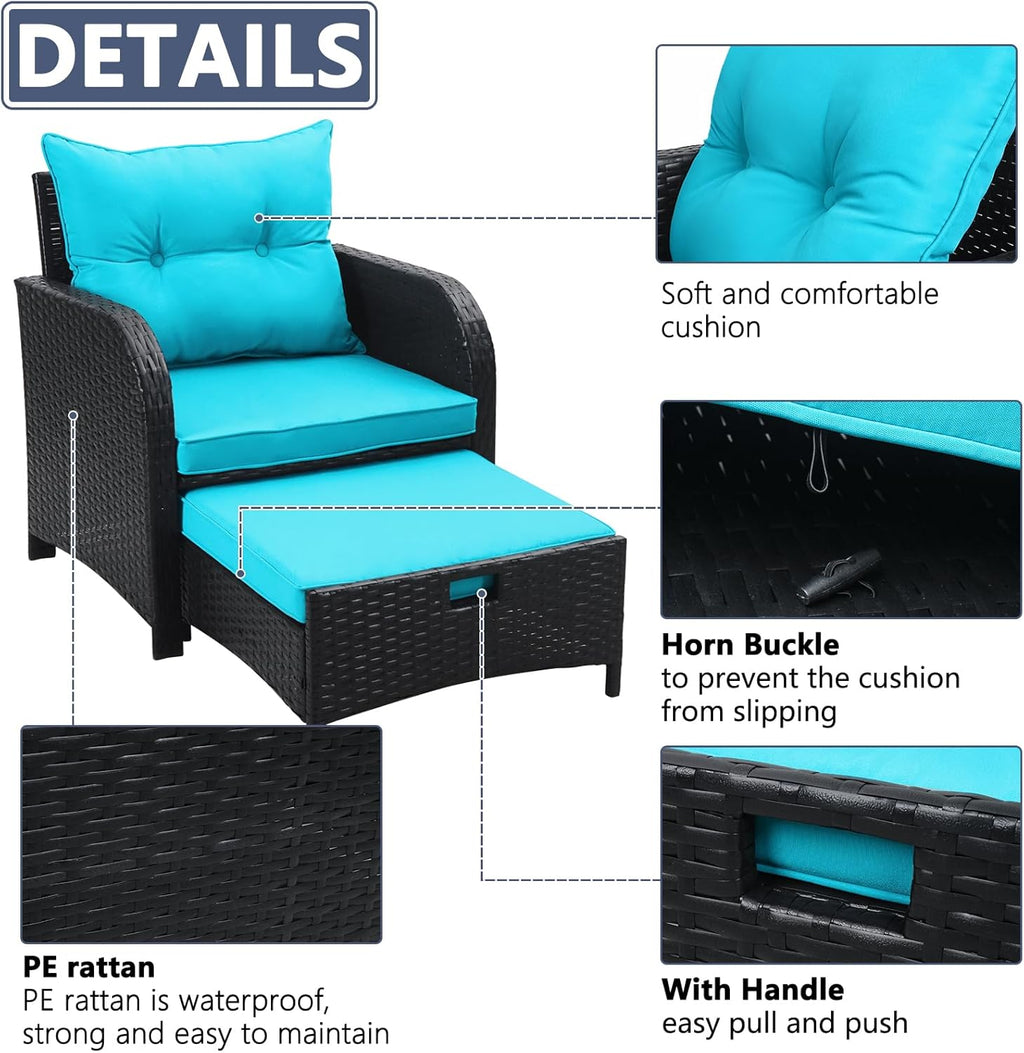 5 Piece Outdoor Chairs with Ottoman Underneath, Wicker Patio Furniture Set with Ottomans, Outdoor Conversation Set Bistro Chairs for Patio Porch Backyard Balcony, Lakeblue