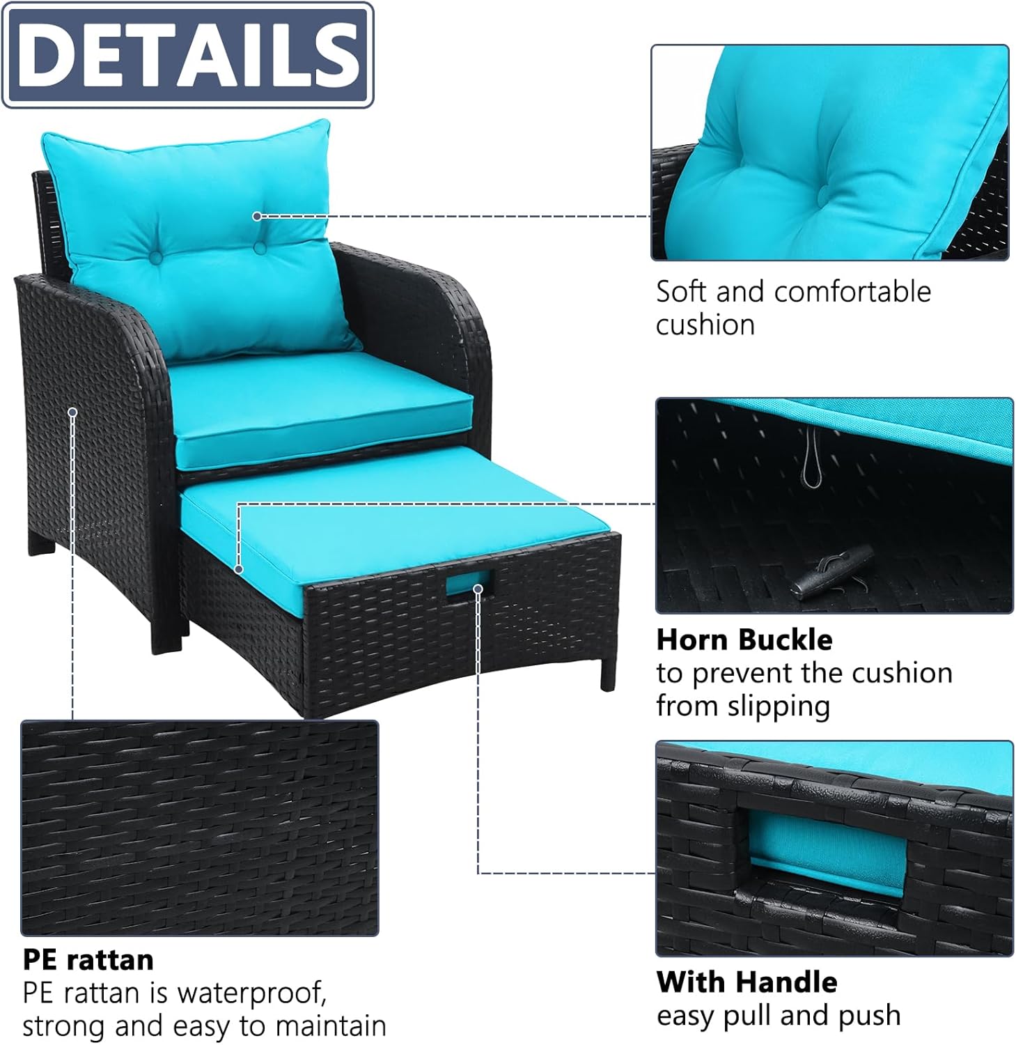 5 Piece Outdoor Chairs with Ottoman Underneath, Wicker Patio Furniture Set with Ottomans, Outdoor Conversation Set Bistro Chairs for Patio Porch Backyard Balcony, Lakeblue