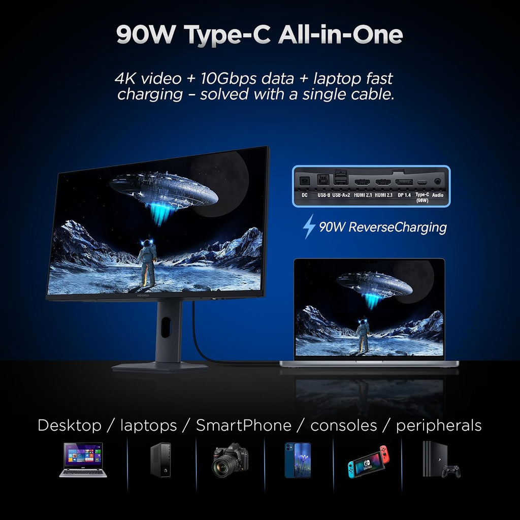 KOORUI 27' 4K QD-Mini LED Gaming Monitor - Dual-Mode (UHD 160Hz or FHD 320Hz), 1ms, 99% Adobe RGB, HDR1400, 90W USB-C, HDMI 2.1/DP1.4, VESA, Tilt Height Swivel Vertical Adjustment, Black, S2741LM