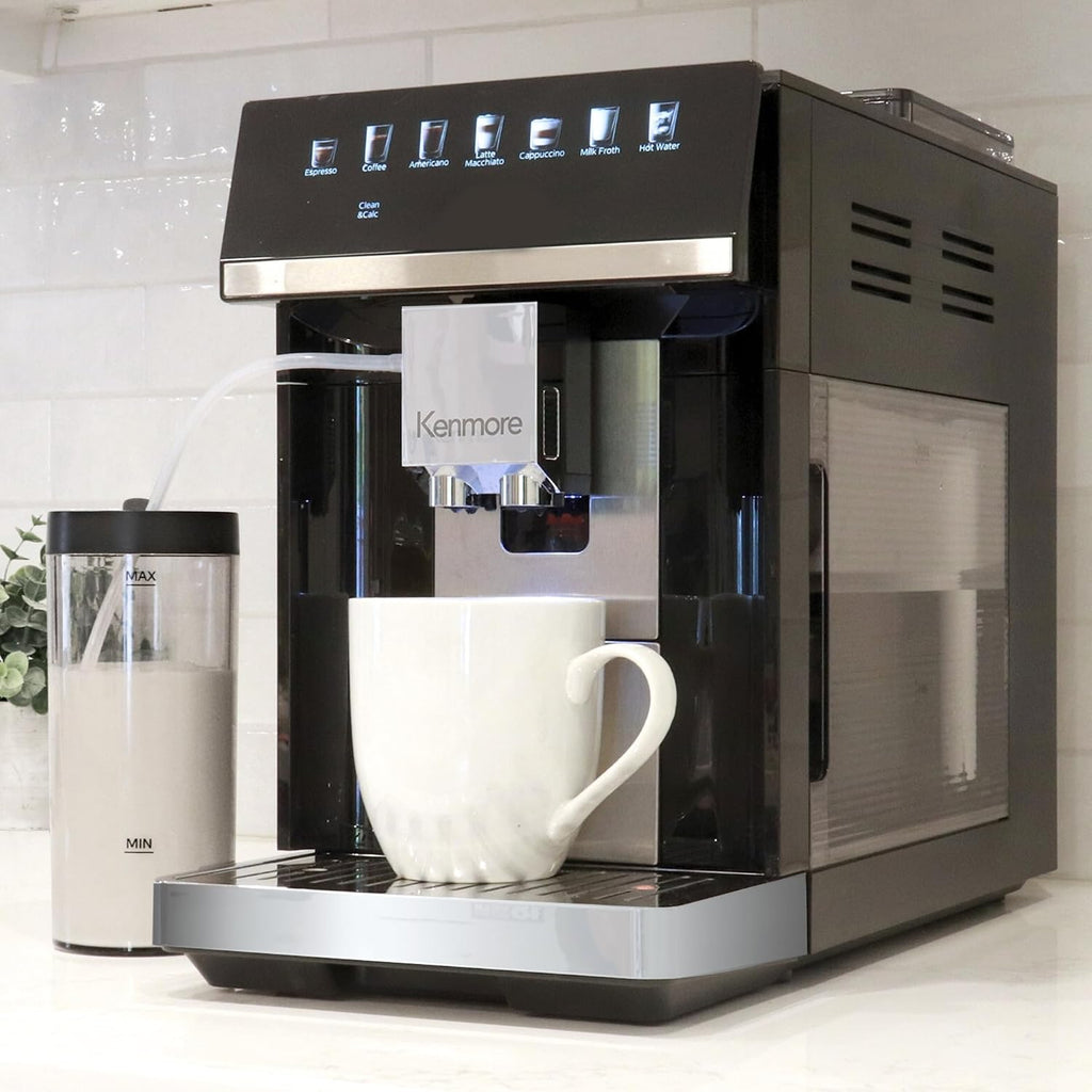 Kenmore Fully Automatic Coffee Maker - With Grinder, Milk Frother & Steamer, Auto Tamper, Descaler Expresso Machine, cafeteras electricas modernas machines For Home/Office Black