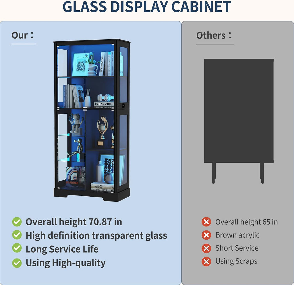 HNEBC 71'' Display Cabinet with 5-Tier and 3 Color Lights for Books Toys Liquor,Curio Cabinet with Human Body Bookcases for Bedroom, Living Room,Black