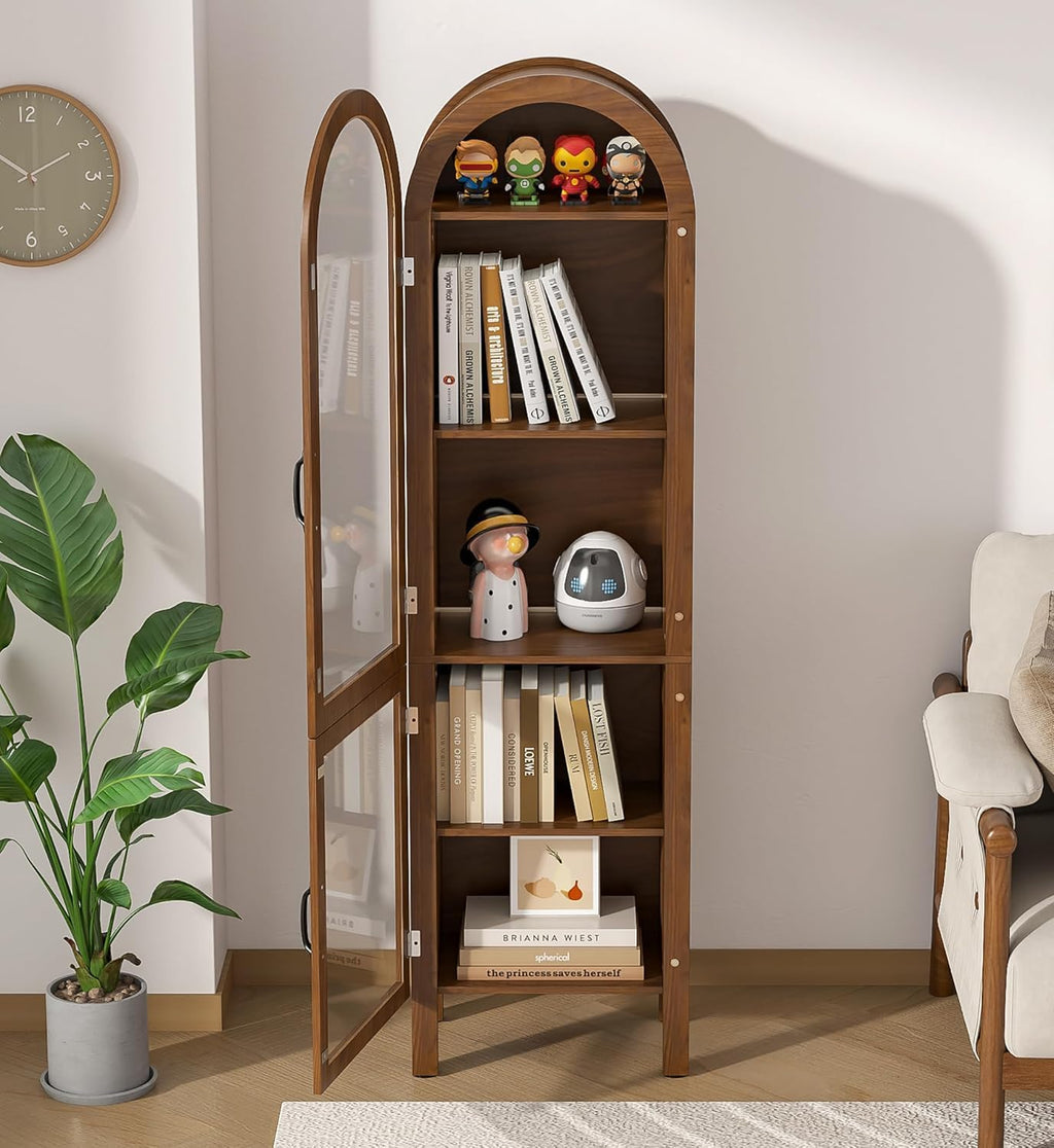 Lxsxlome 64.17 in Tall Arched Display Cabinet with Acrylic Glass Doors 5-Tier Kitchen Pantry Storage Cabinets Modern Wood Curio Cabinet Bookcase for Living Dining Room (Walnut, 16.92''W)