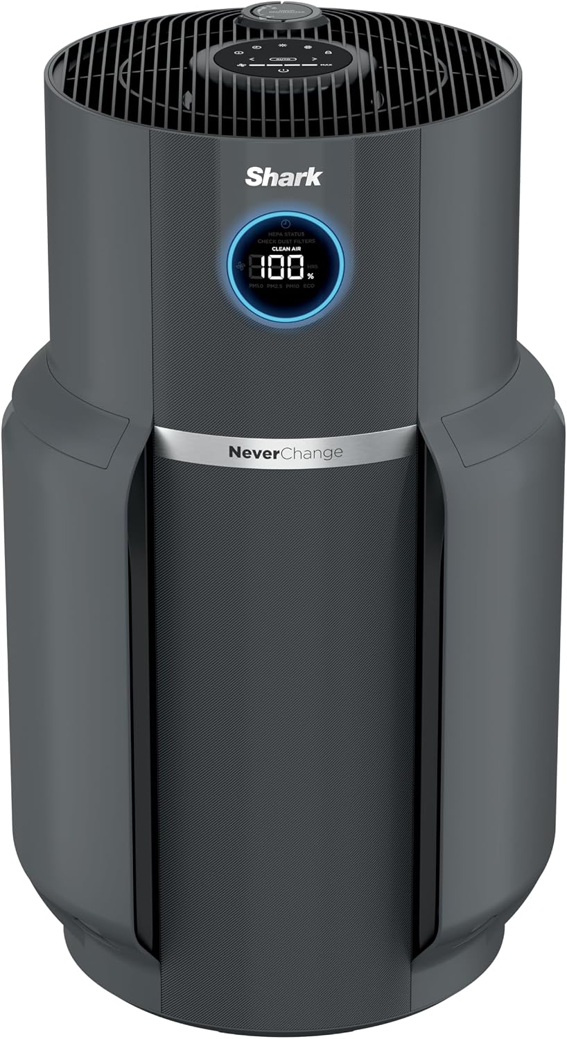 Shark Air Purifier for Home, NeverChange Max, 1,300 sq. ft. for Large Room, Kitchen, Home Office, HEPA-Exceeding Filter, Captures Pollutants, Pet Dander, Dust, Odor, Smoke, and More, HP301, Grey