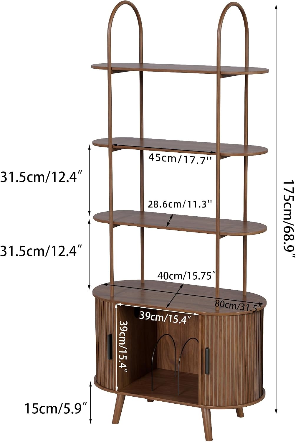 Tall Vinyl Record Player Stand, 4 Tier Arched Bookshelf with Sliding Doors, Retro Small Record Storage Cabinet, Fluted Media Display Shelf, Mid Century Modern Turntable Stand for Living Room, Walnut