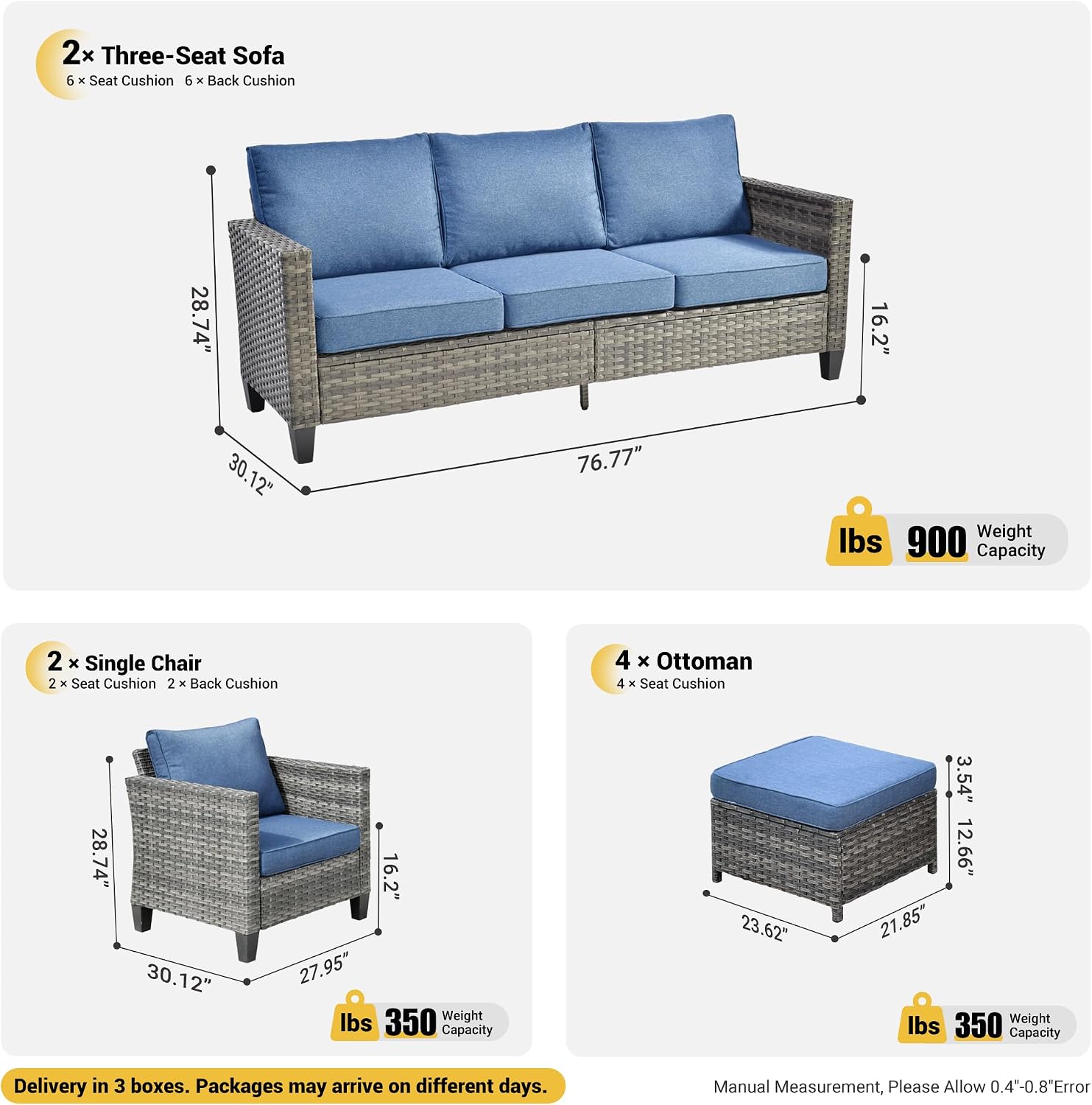ovios Patio Furniture Set, 8 Pieces Outdoor Wicker Sofa Couch with Chairs, Ottomans and Comfy Cushions, All Weather High Back Rattan Conversation Set, Denim Blue