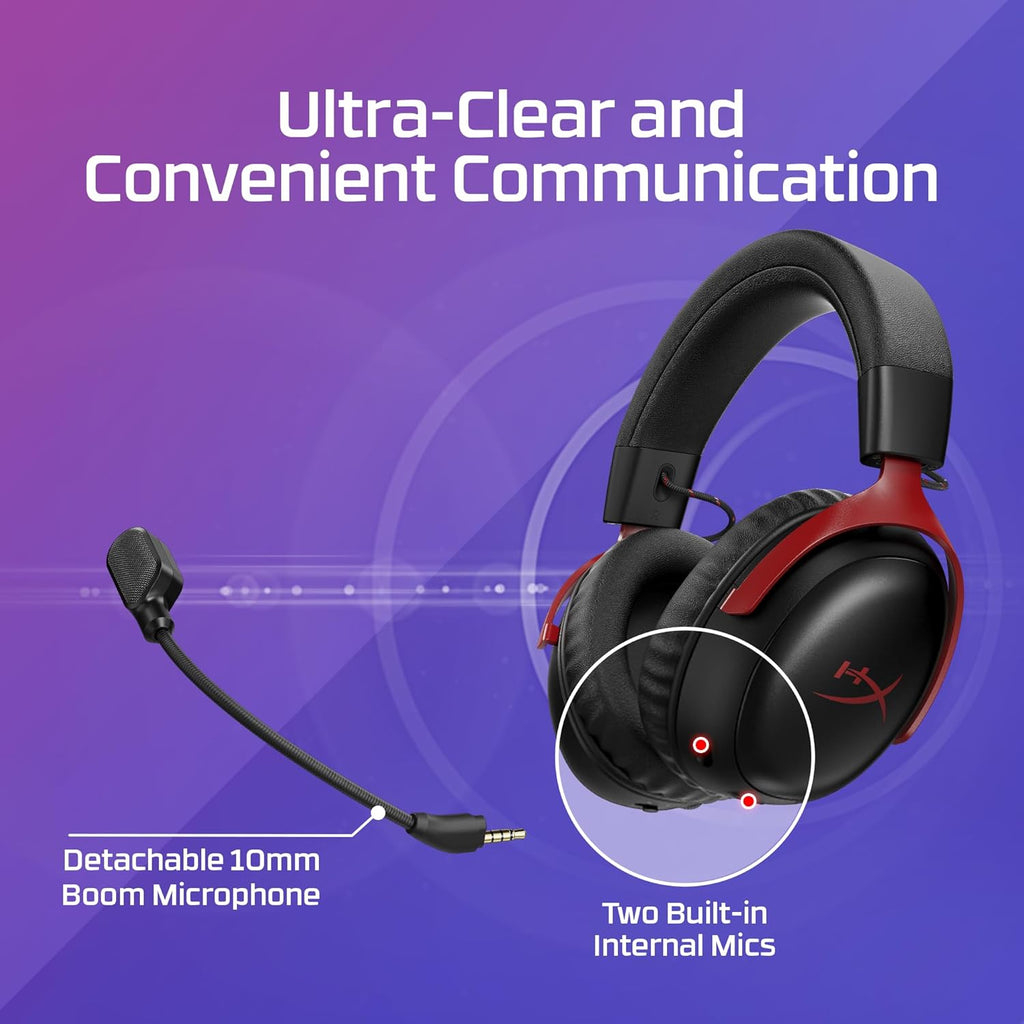 HyperX Cloud III S – Wireless Gaming Headset, 2.4GHz, Bluetooth, Battery Life up to 120 Hours 2.4GHz / 200 Hours Bluetooth, 53mm Angled Drivers, 10mm Detachable Mic, Customizable – Black/Red