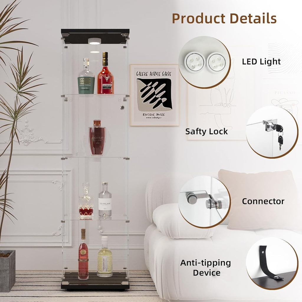 Glass Display Cabinet with LED Light and Lock, 4-Shelf Fast Installation Curio Cabinets with 5mm Tempered Glass Floor Standing Bookshelf for Bedroom (64' Hx 16.7' W x 14.3' D, Black)