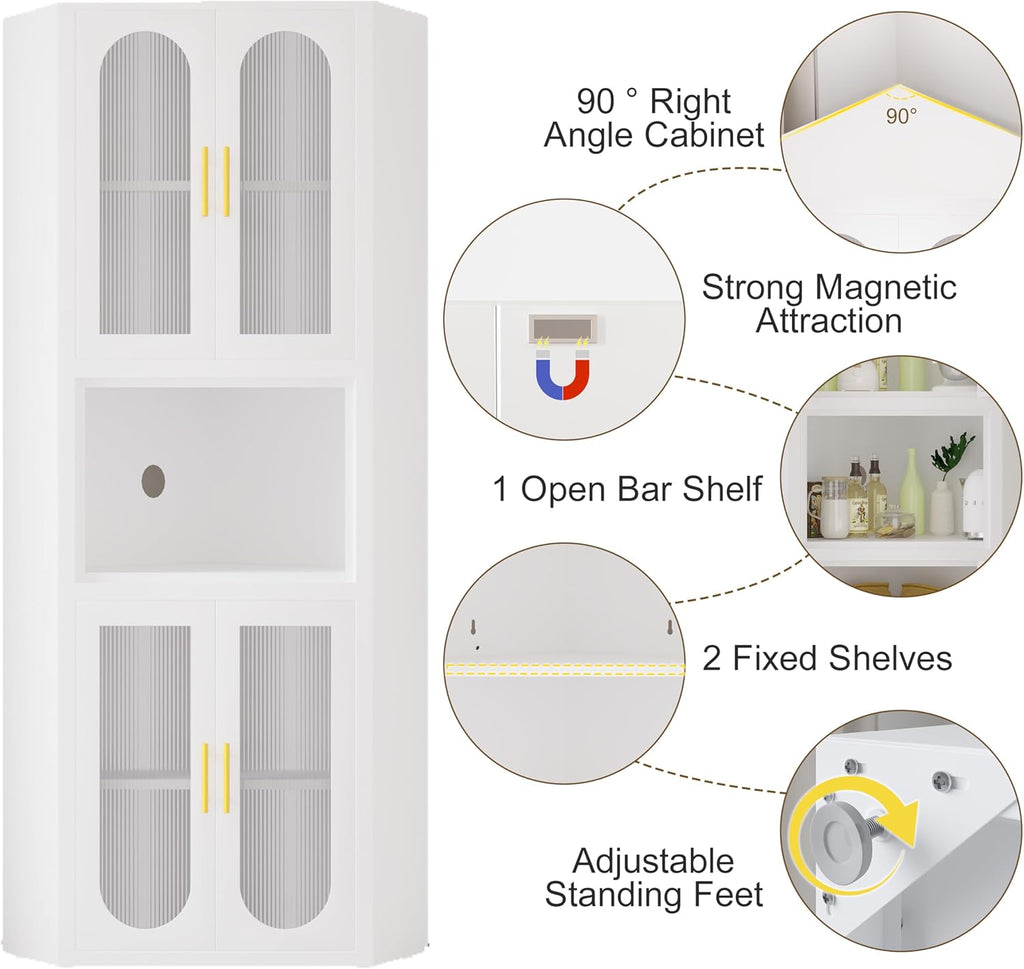 GAIOUS 63.6' Farmhouse Corner Cabinet, Tall Metal Pantry Storage Cabinet with 4 Acrylic Glass Doors & 1 Open Bar Shelf, Corner Cupboard for Kitchen Bathroom Living Room Bedroom Hallways (White)