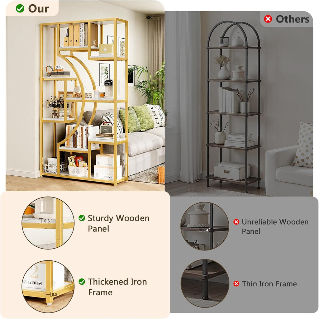 LGHM 79' W Luxury Marble-Patterned White Gold Bookshelf, Modern Geometric Half-Moon Style, Flexible Modular Open Storage Unit for Living Room, Home, Office